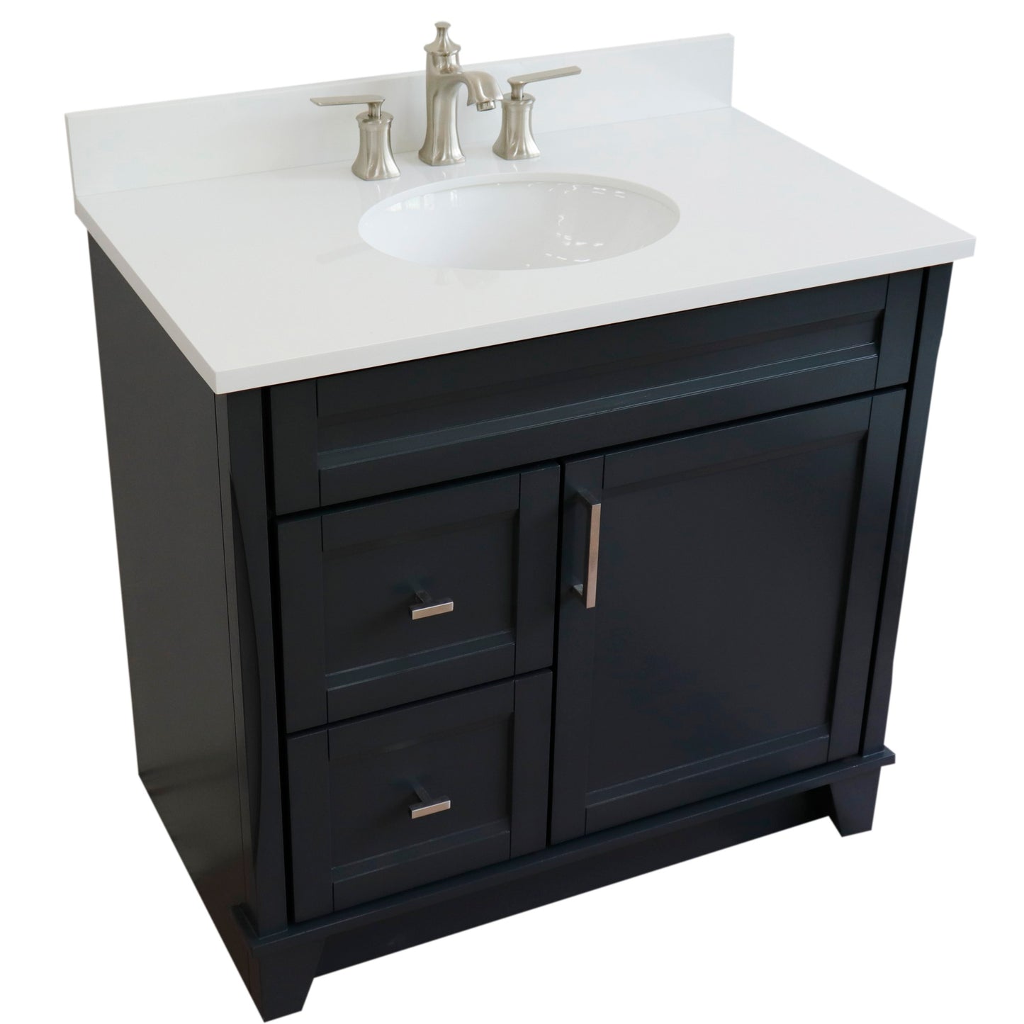 37" Single sink vanity in Dark Gray finish with White engineered stone and CENTER oval sink RIGHT drawers