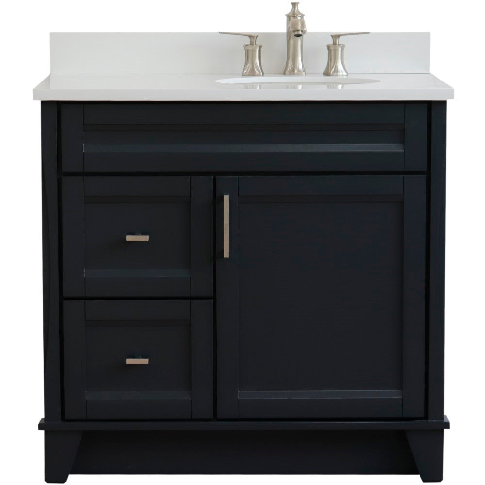 37" Single sink vanity in Dark Gray finish with White engineered stone and LEFT oval sink RIGHT drawers
