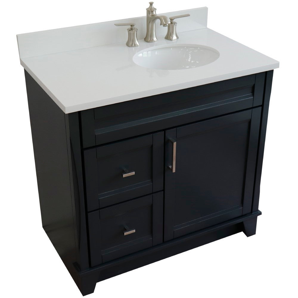37" Single sink vanity in Dark Gray finish with White engineered stone and LEFT oval sink RIGHT drawers