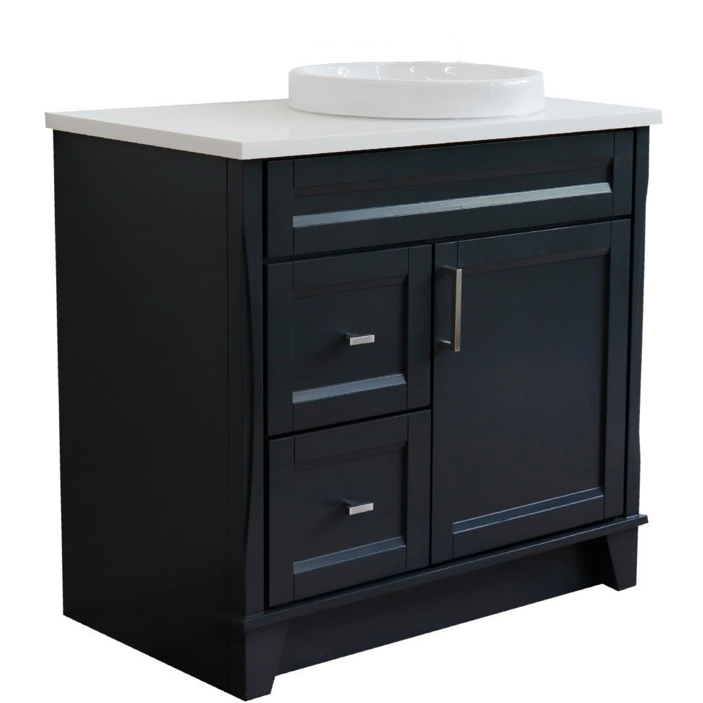 37" Single sink vanity in Dark Gray finish with White engineered stone and LEFT round sink RIGHT drawers