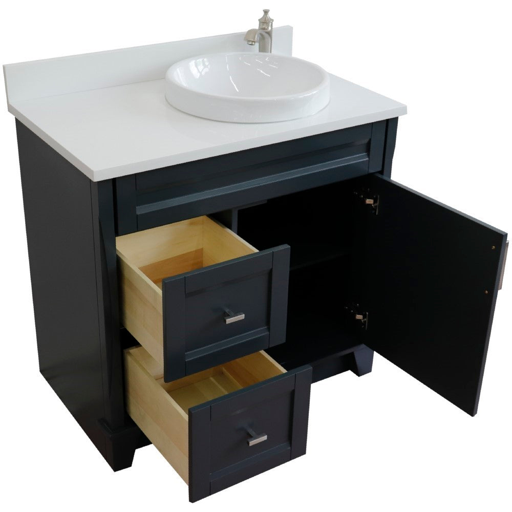 37" Single sink vanity in Dark Gray finish with White engineered stone and LEFT round sink RIGHT drawers