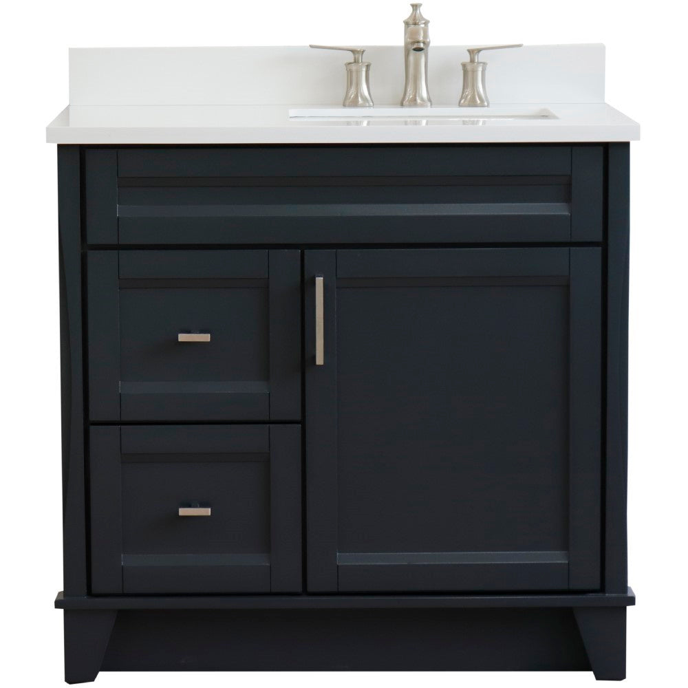 37" Single sink vanity in Dark Gray finish with White engineered stone and LEFT rectangle sink RIGHT drawers