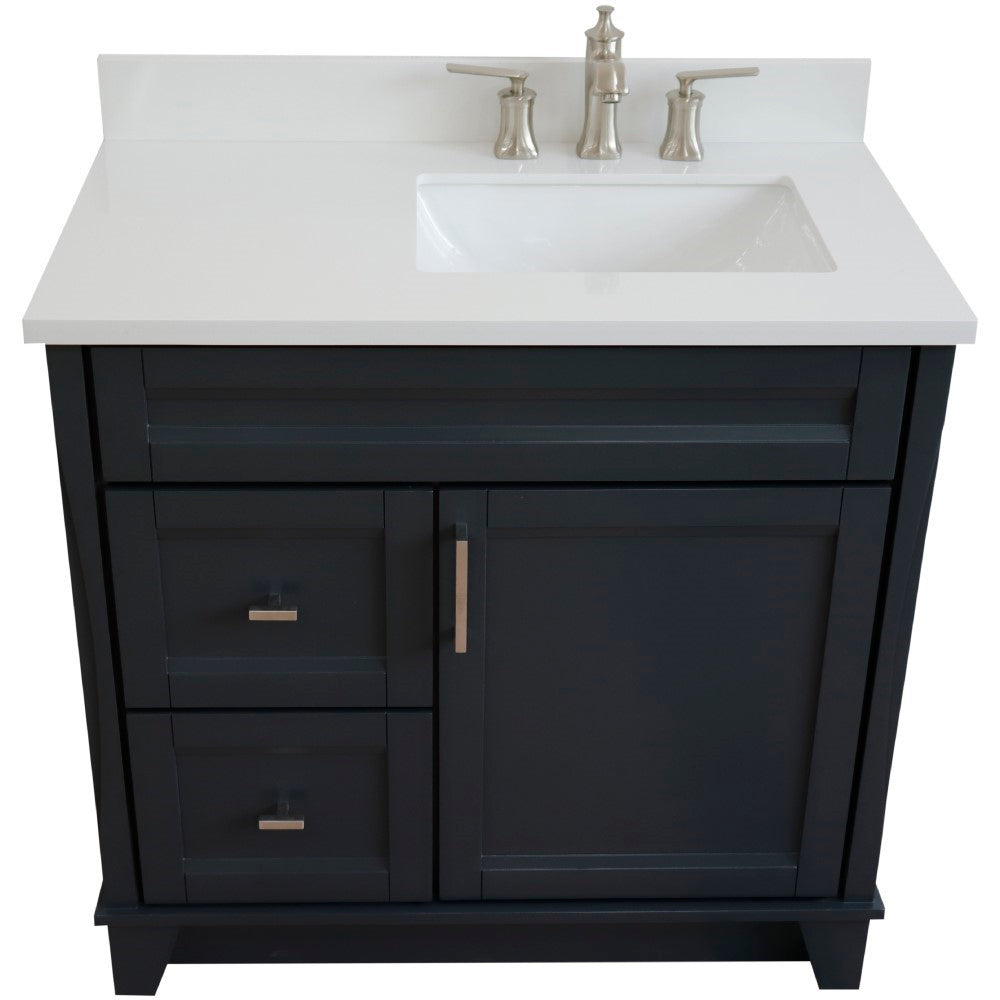 37" Single sink vanity in Dark Gray finish with White engineered stone and LEFT rectangle sink RIGHT drawers