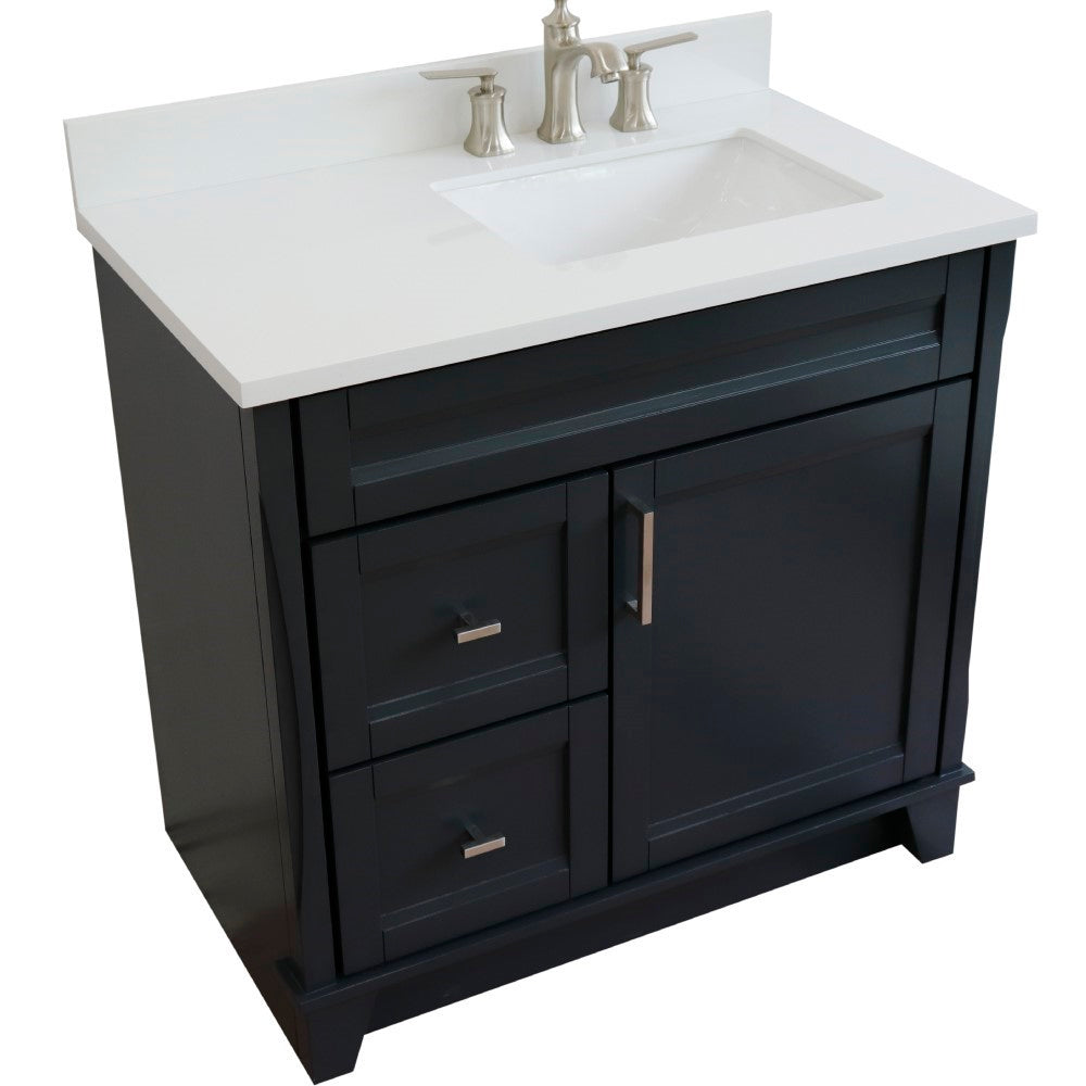 37" Single sink vanity in Dark Gray finish with White engineered stone and LEFT rectangle sink RIGHT drawers