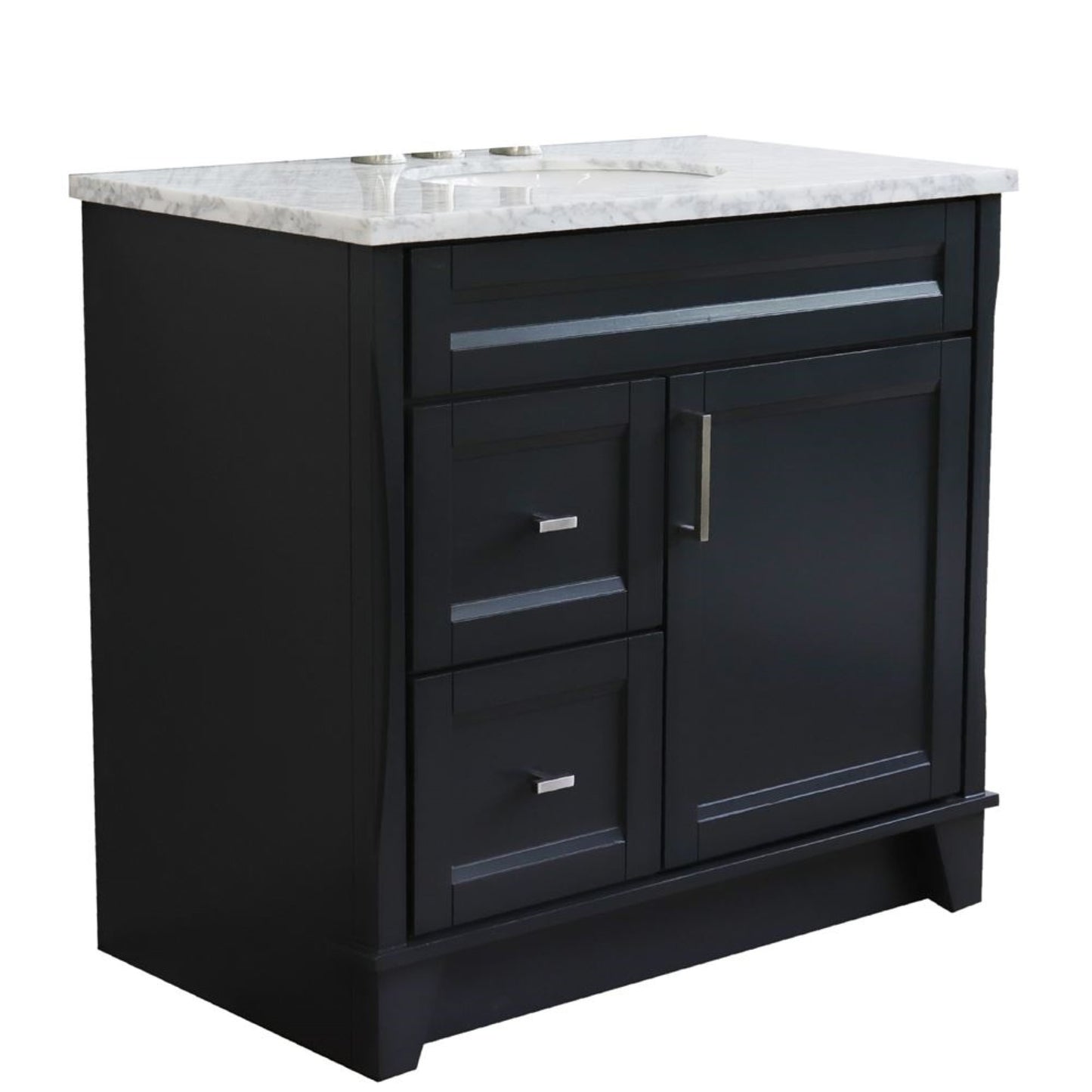 37" Single sink vanity in Dark Gray finish with White Carrara marble and CENTER oval sink RIGHT drawers