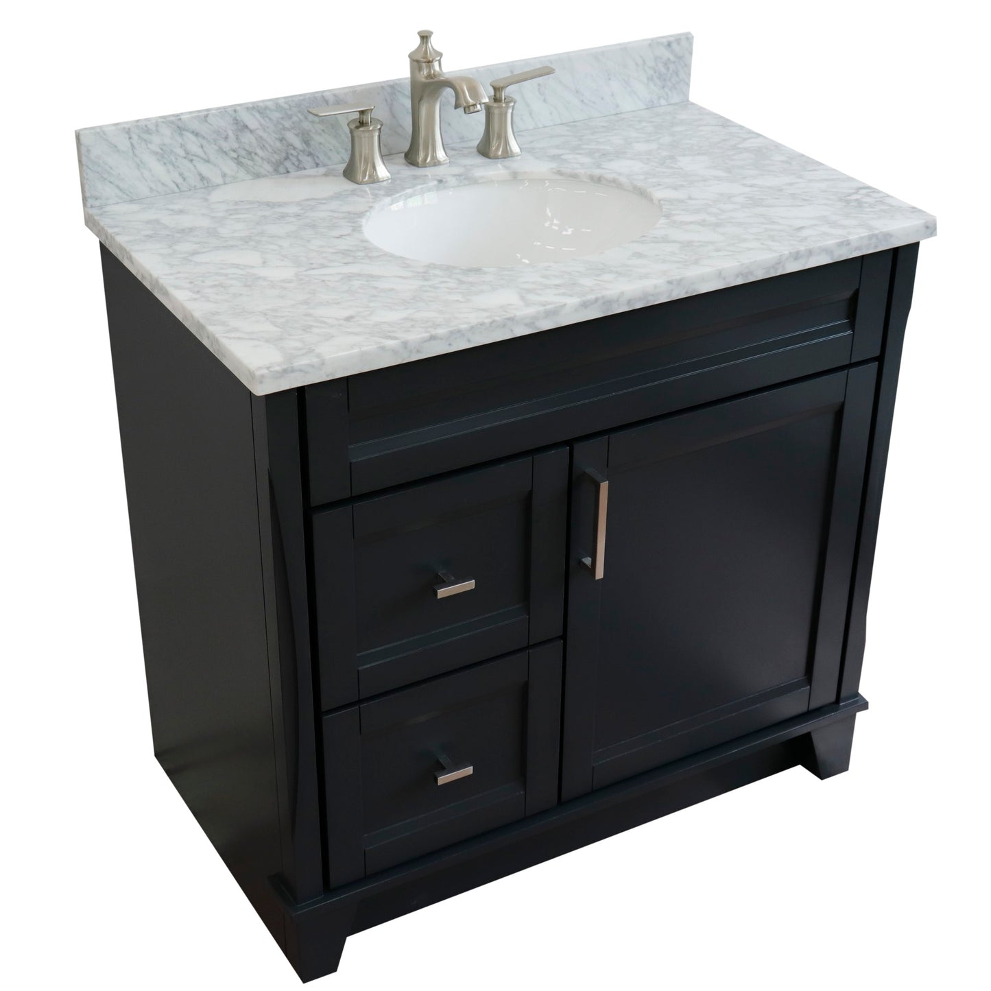 37" Single sink vanity in Dark Gray finish with White Carrara marble and CENTER oval sink RIGHT drawers
