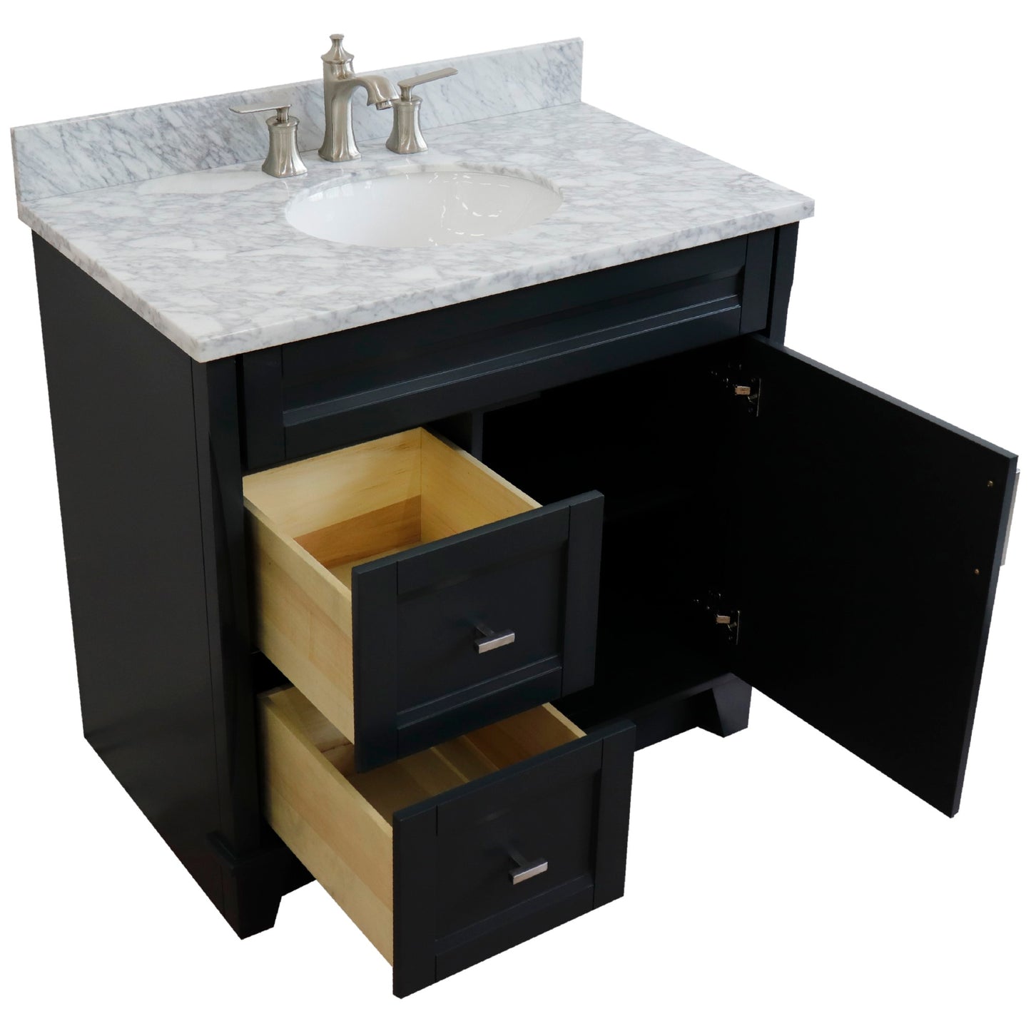 37" Single sink vanity in Dark Gray finish with White Carrara marble and CENTER oval sink RIGHT drawers