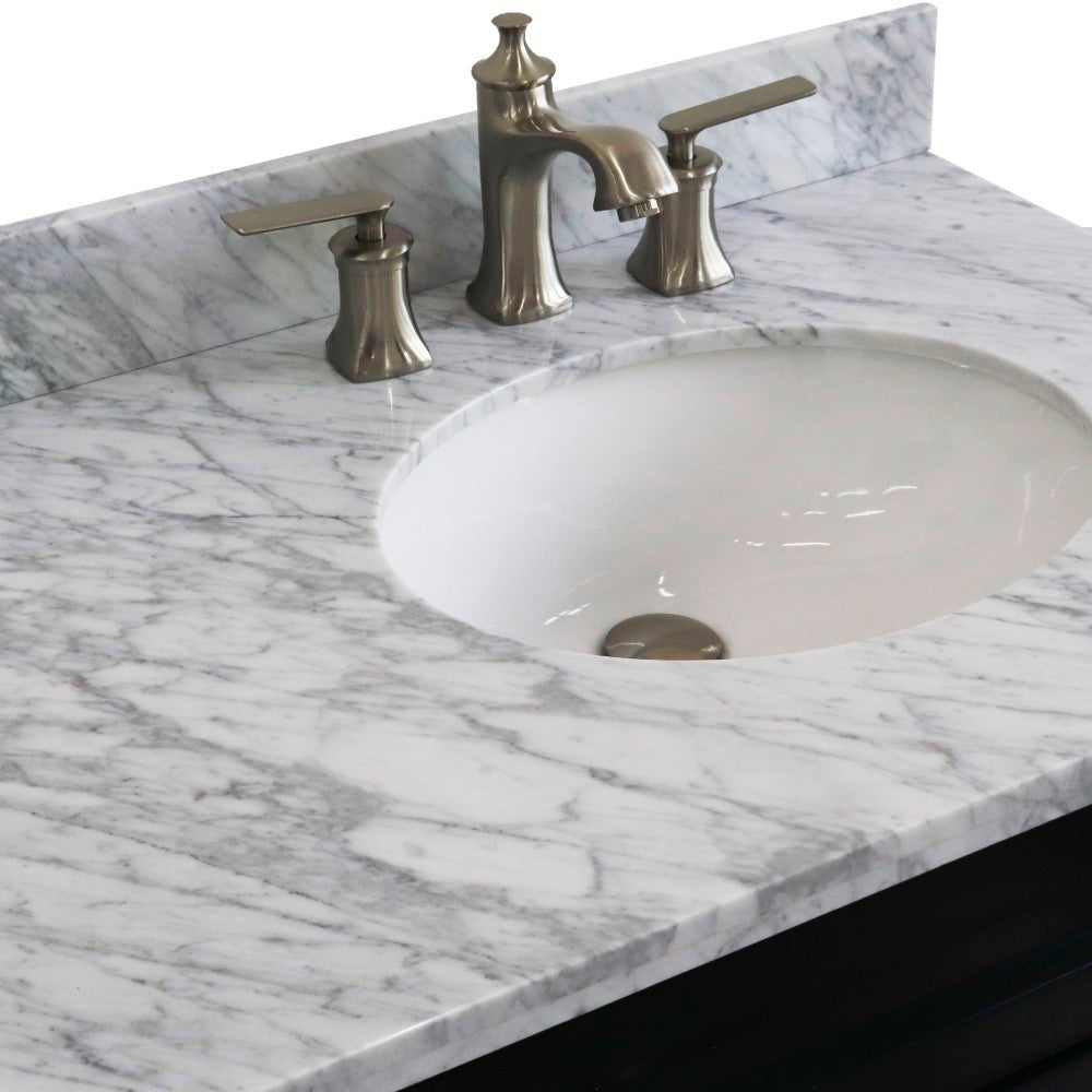 37" Single sink vanity in Dark Gray finish with White Carrara marble and LEFT oval sink RIGHT drawers