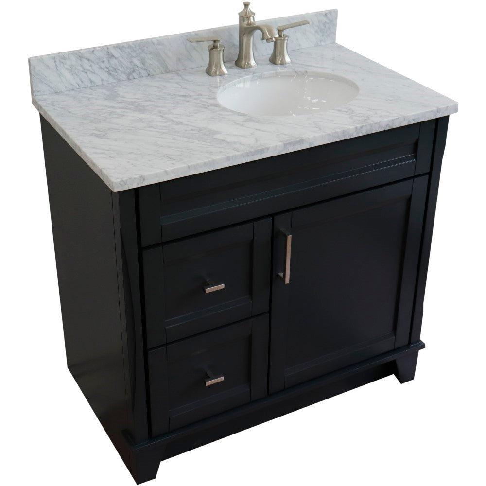 37" Single sink vanity in Dark Gray finish with White Carrara marble and LEFT oval sink RIGHT drawers