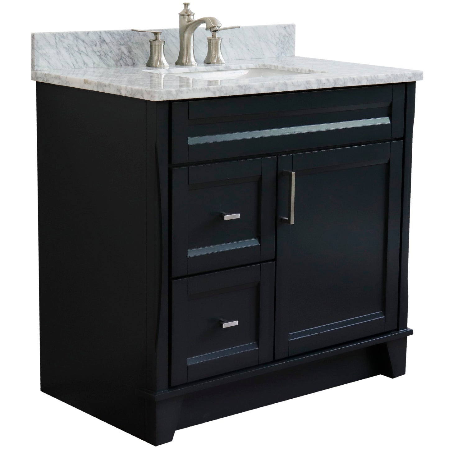 37" Single sink vanity in Dark Gray finish with White Carrara marble and CENTER rectangle sink RIGHT drawers