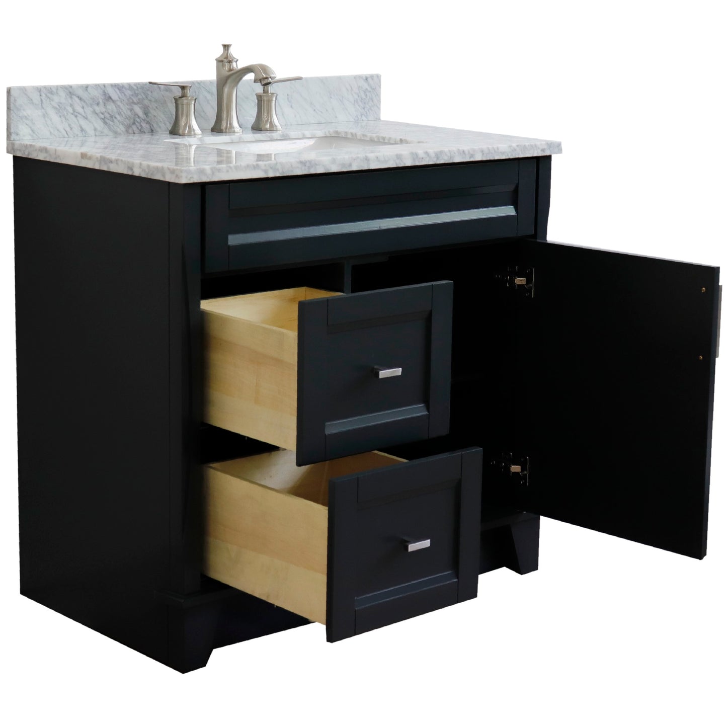 37" Single sink vanity in Dark Gray finish with White Carrara marble and CENTER rectangle sink RIGHT drawers