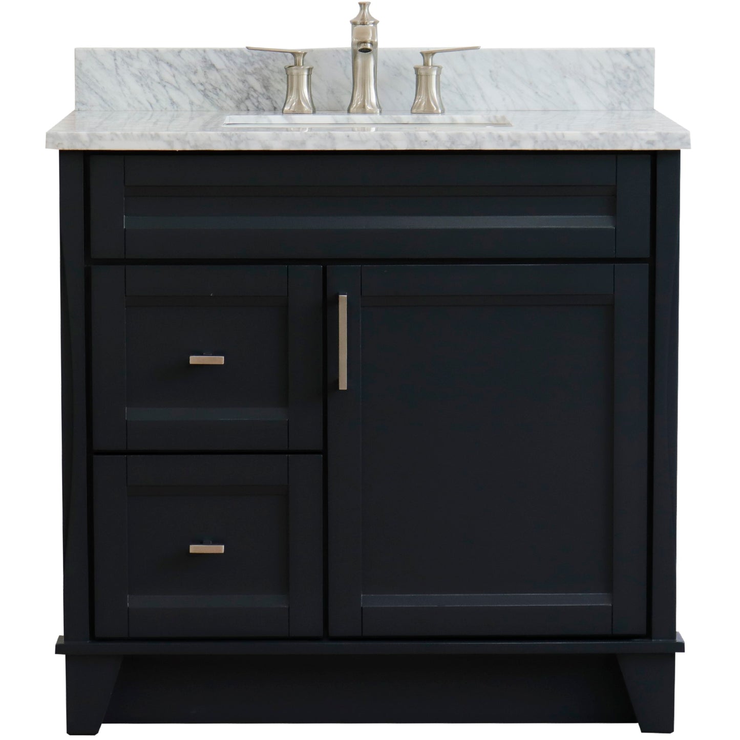 37" Single sink vanity in Dark Gray finish with White Carrara marble and CENTER rectangle sink RIGHT drawers