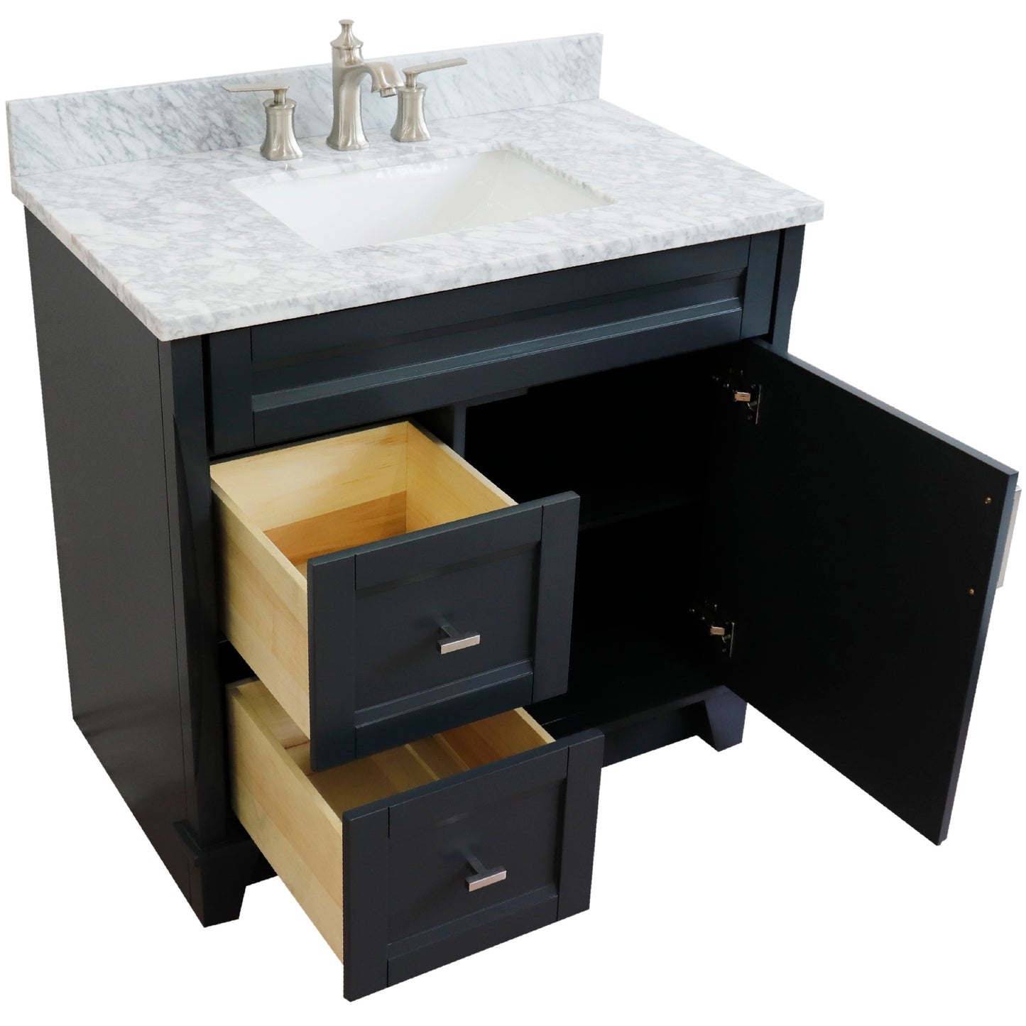 37" Single sink vanity in Dark Gray finish with White Carrara marble and CENTER rectangle sink RIGHT drawers