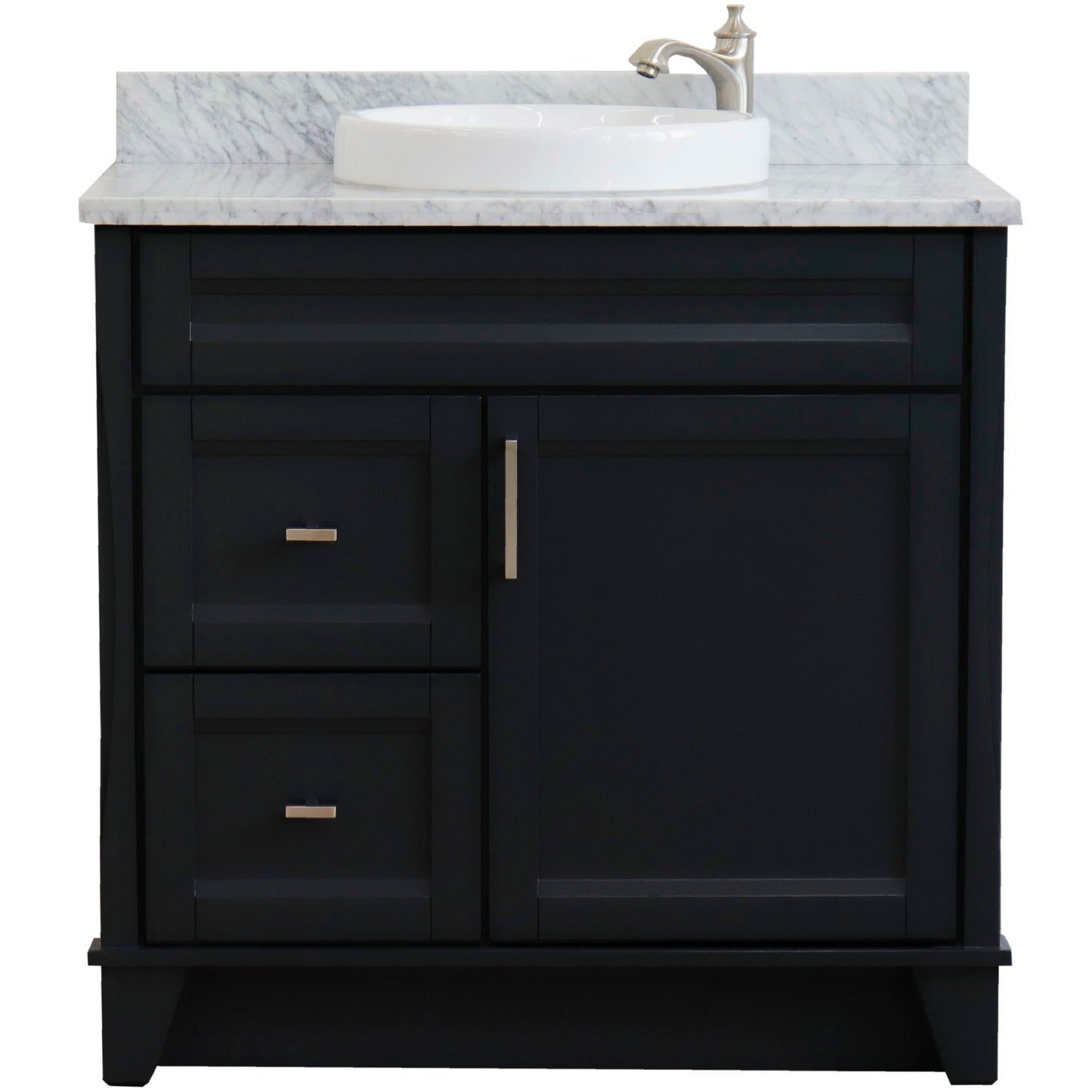 37" Single sink vanity in Dark Gray finish with White Carrara marble and CENTER round sink RIGHT drawers