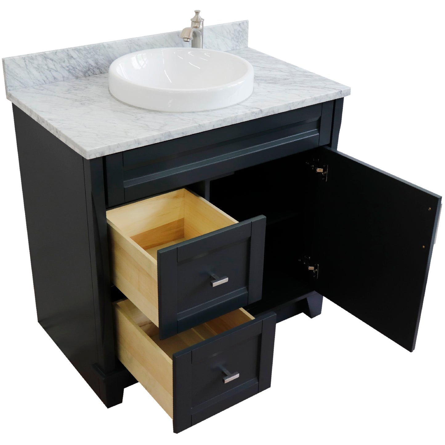 37" Single sink vanity in Dark Gray finish with White Carrara marble and CENTER round sink RIGHT drawers