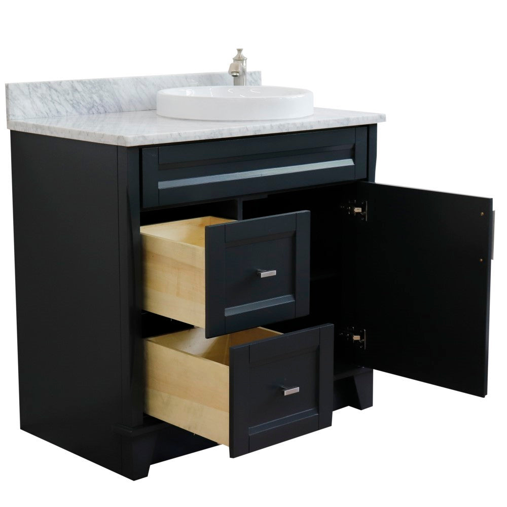 37" Single sink vanity in Dark Gray finish with White Carrara marble and LEFT round sink RIGHT drawers