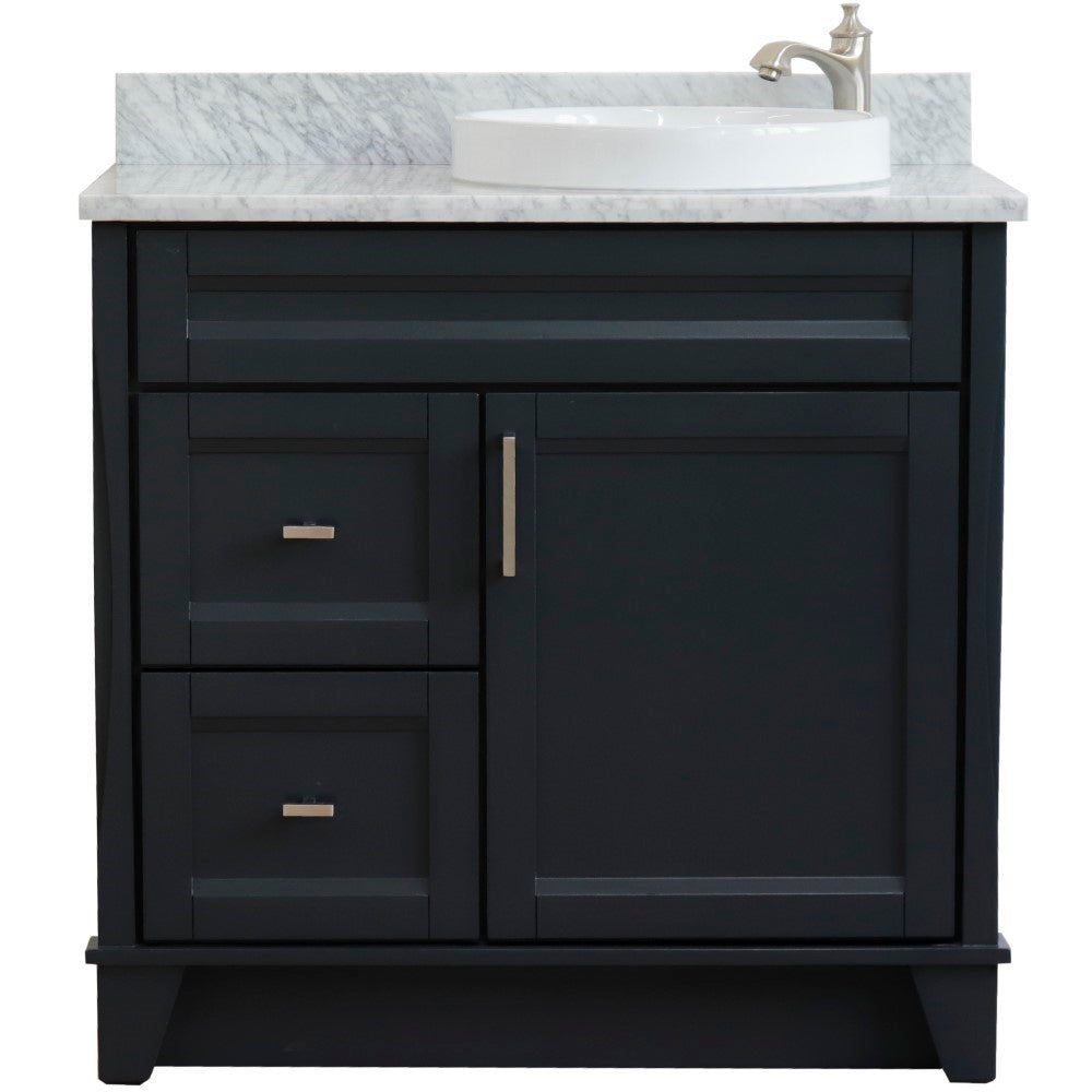37" Single sink vanity in Dark Gray finish with White Carrara marble and LEFT round sink RIGHT drawers