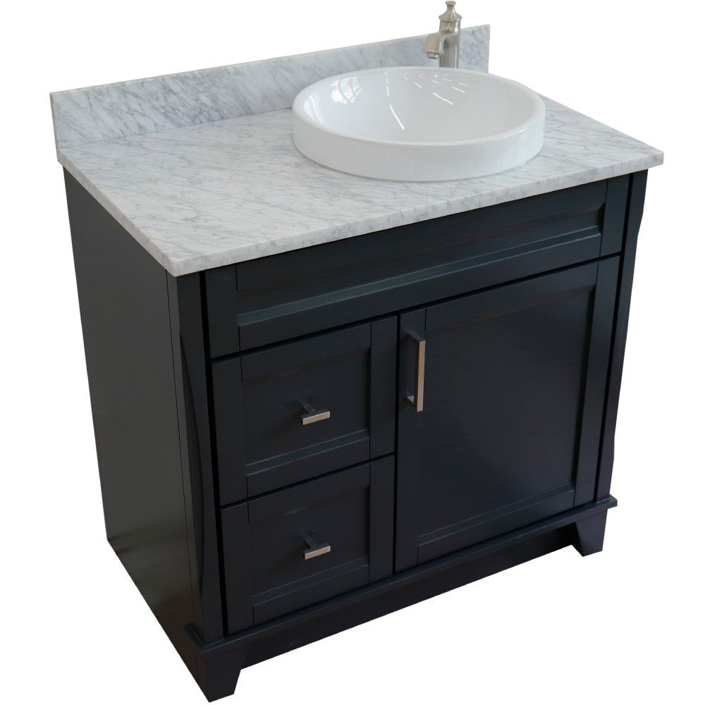 37" Single sink vanity in Dark Gray finish with White Carrara marble and LEFT round sink RIGHT drawers