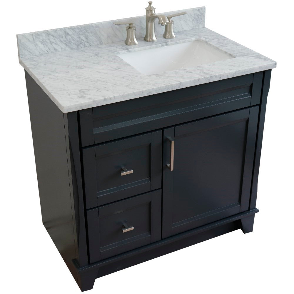 37" Single sink vanity in Dark Gray finish with White Carrara marble and LEFT rectangle sink RIGHT drawers