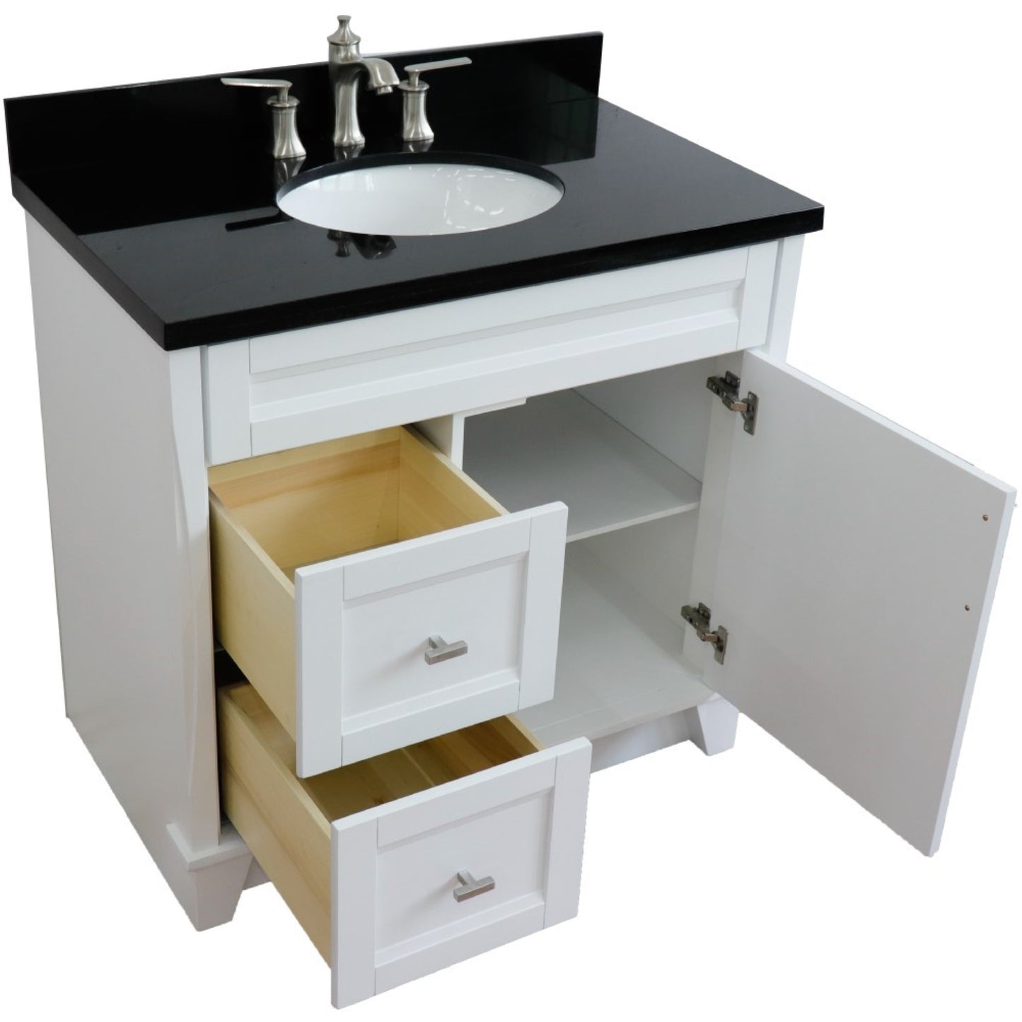 37" Single sink vanity in White finish with Black galaxy granite and CENTER oval sink RIGHT drawers