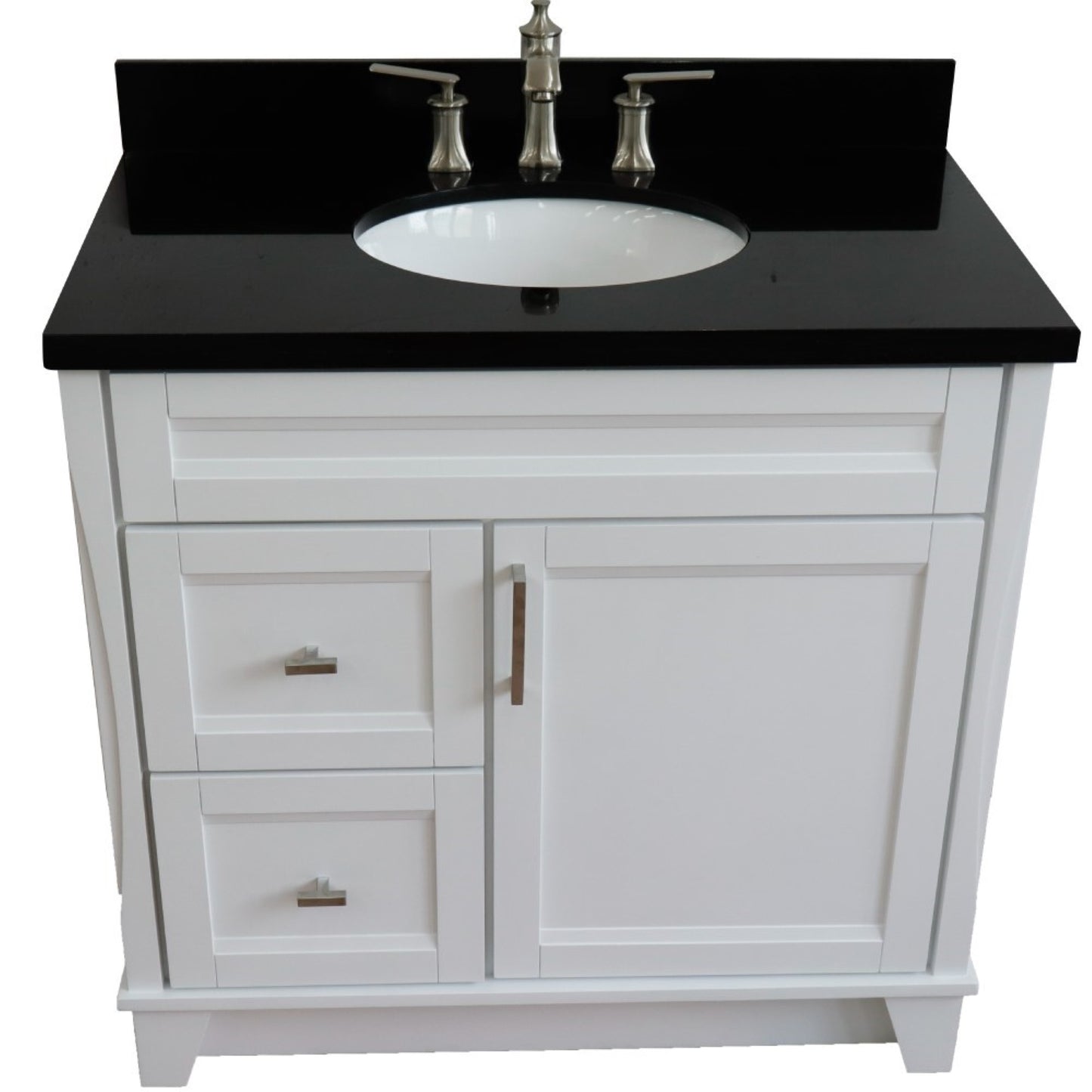 37" Single sink vanity in White finish with Black galaxy granite and CENTER oval sink RIGHT drawers