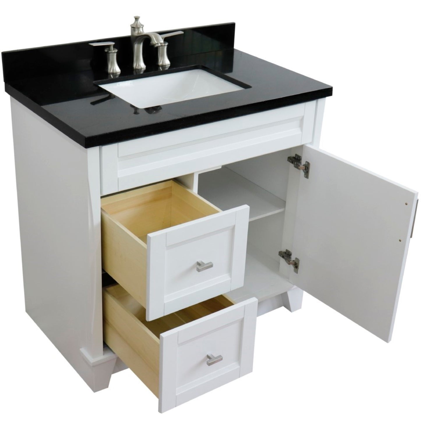 37" Single sink vanity in White finish with Black galaxy granite and CENTER rectangle sink RIGHT drawers