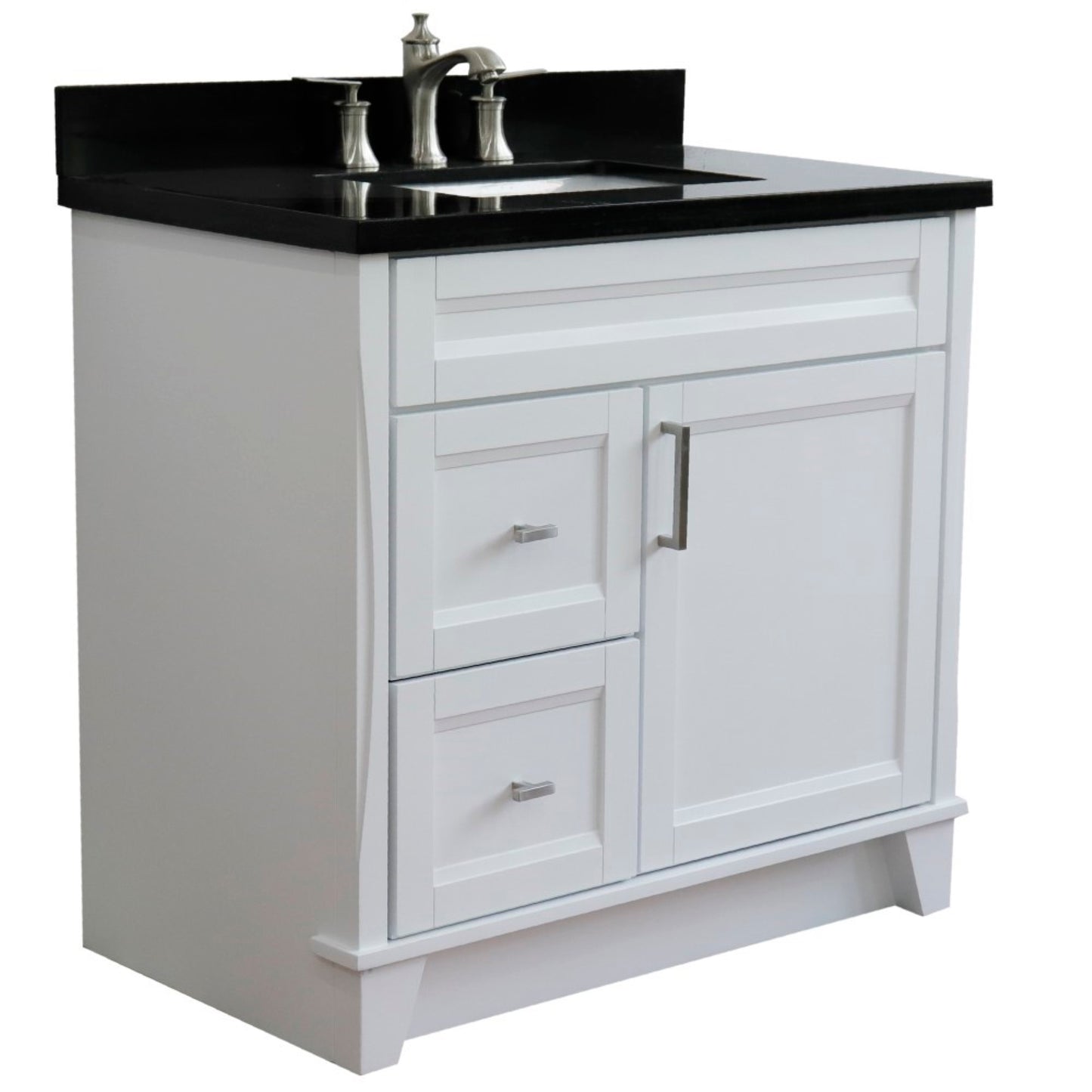 37" Single sink vanity in White finish with Black galaxy granite and CENTER rectangle sink RIGHT drawers