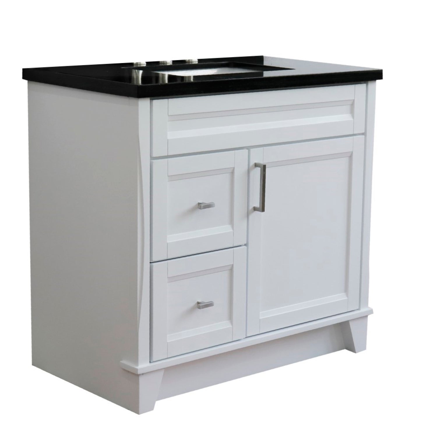 37" Single sink vanity in White finish with Black galaxy granite and CENTER rectangle sink RIGHT drawers