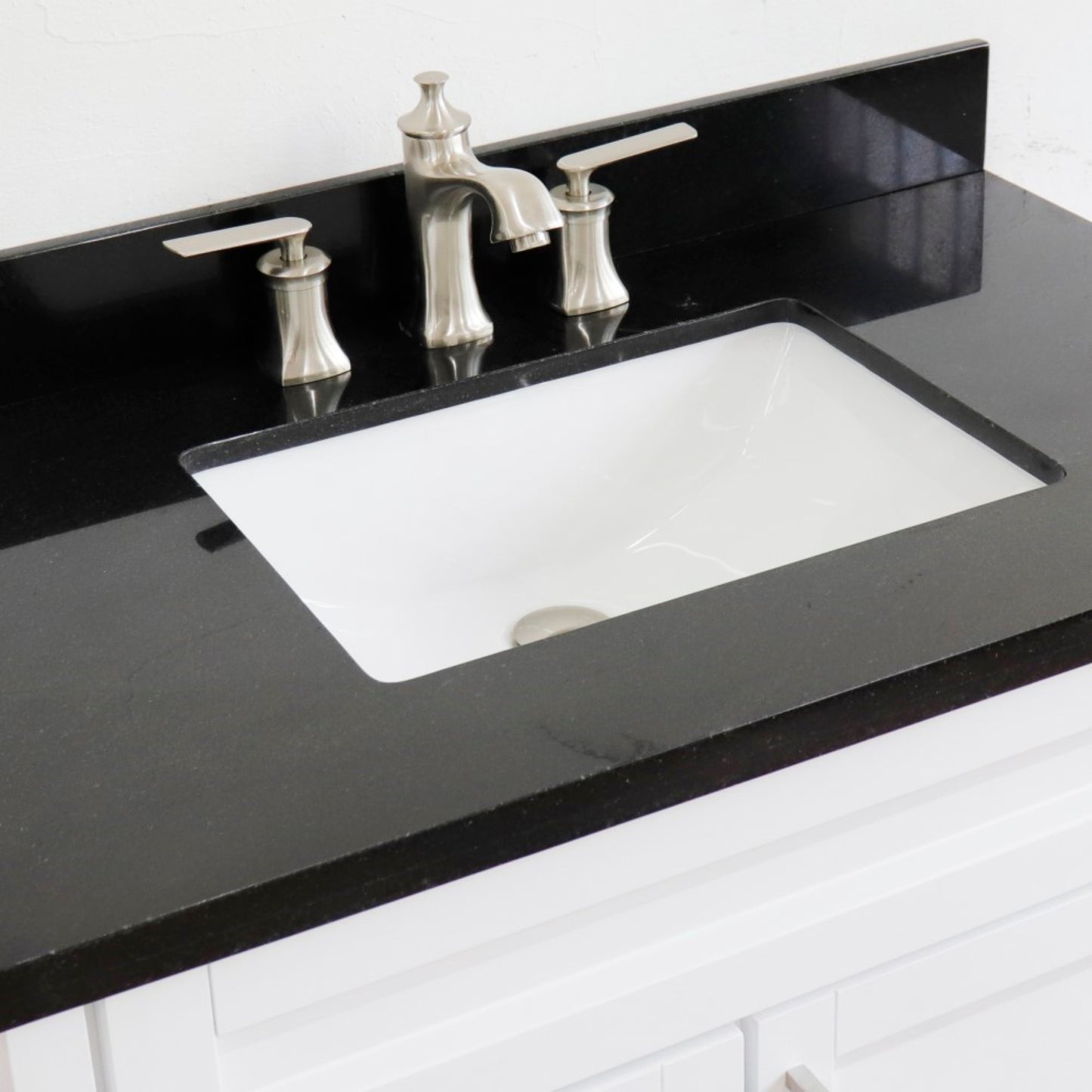 37" Single sink vanity in White finish with Black galaxy granite and CENTER rectangle sink RIGHT drawers