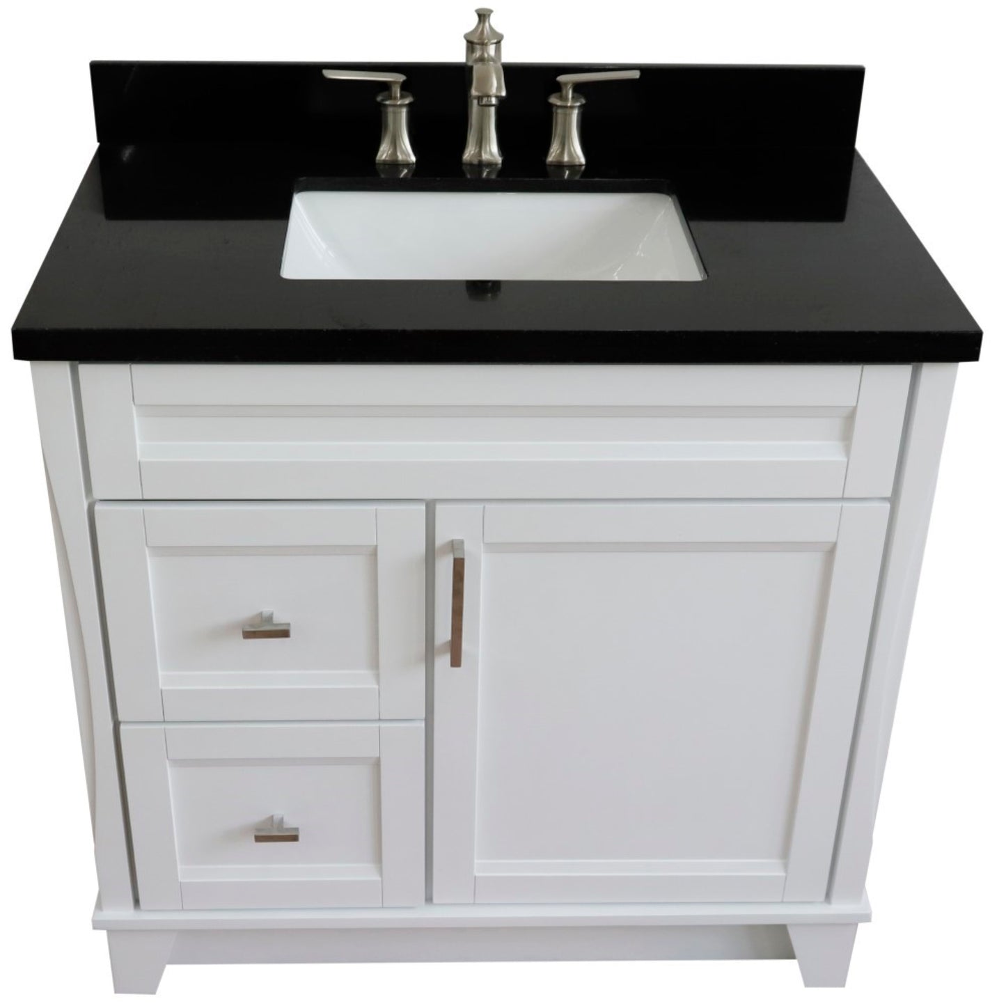 37" Single sink vanity in White finish with Black galaxy granite and CENTER rectangle sink RIGHT drawers