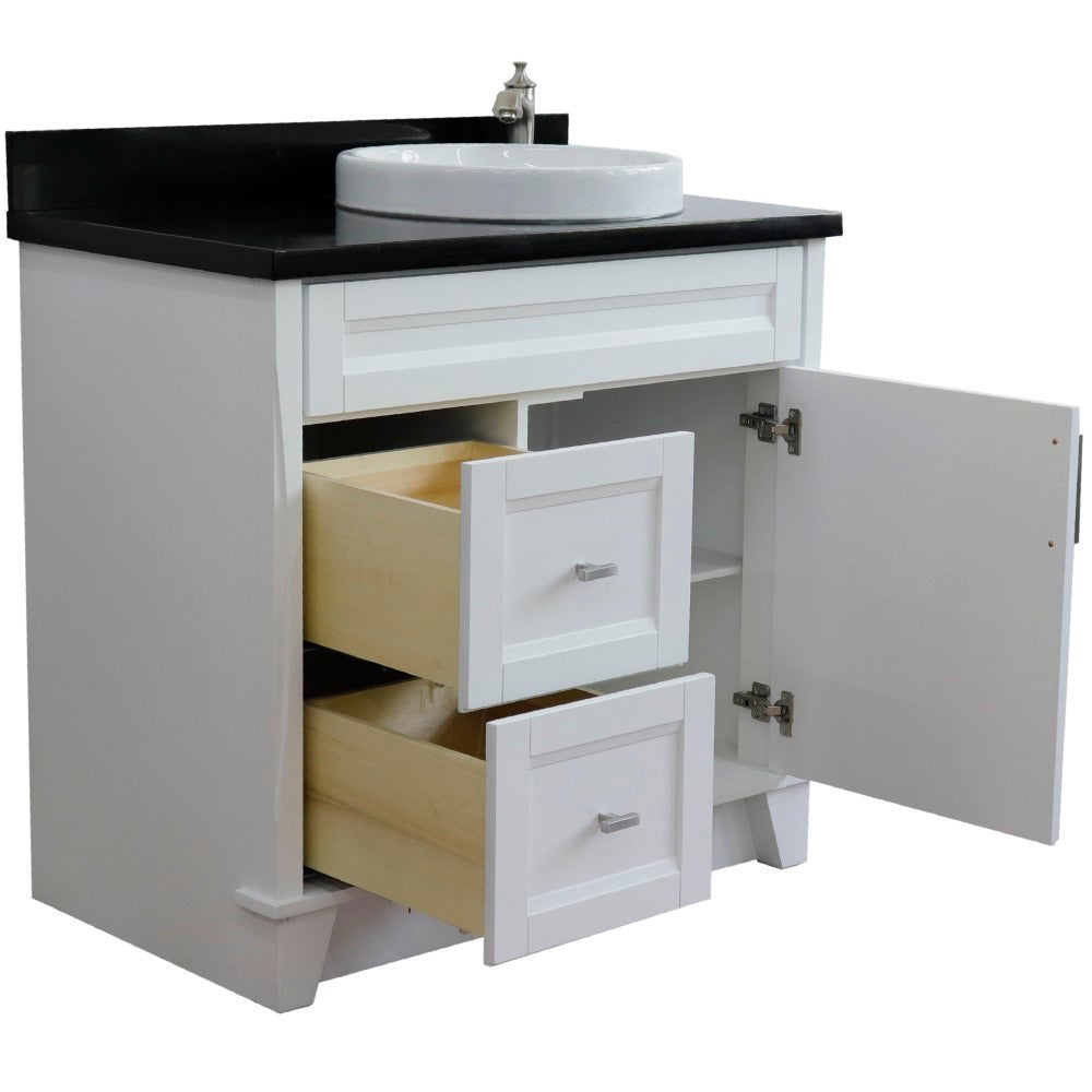 37" Single sink vanity in White finish with Black galaxy granite and LEFT round sink RIGHT drawers