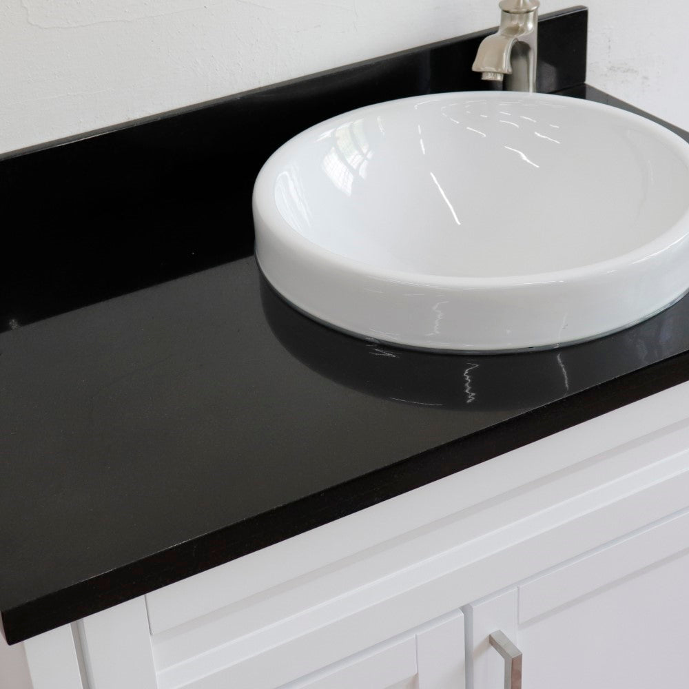 37" Single sink vanity in White finish with Black galaxy granite and LEFT round sink RIGHT drawers