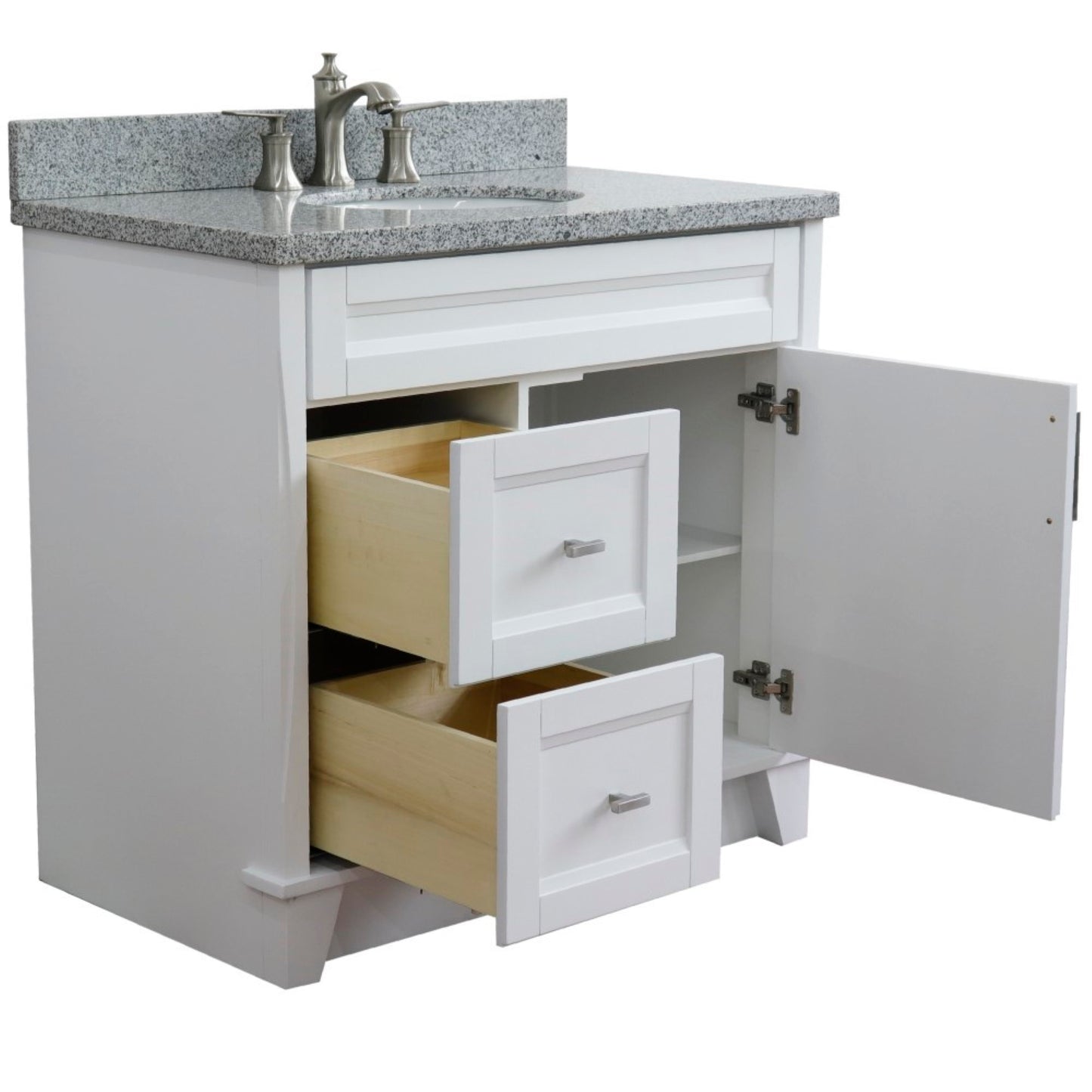 37" Single sink vanity in White finish with Gray granite and CENTER oval sink RIGHT drawers