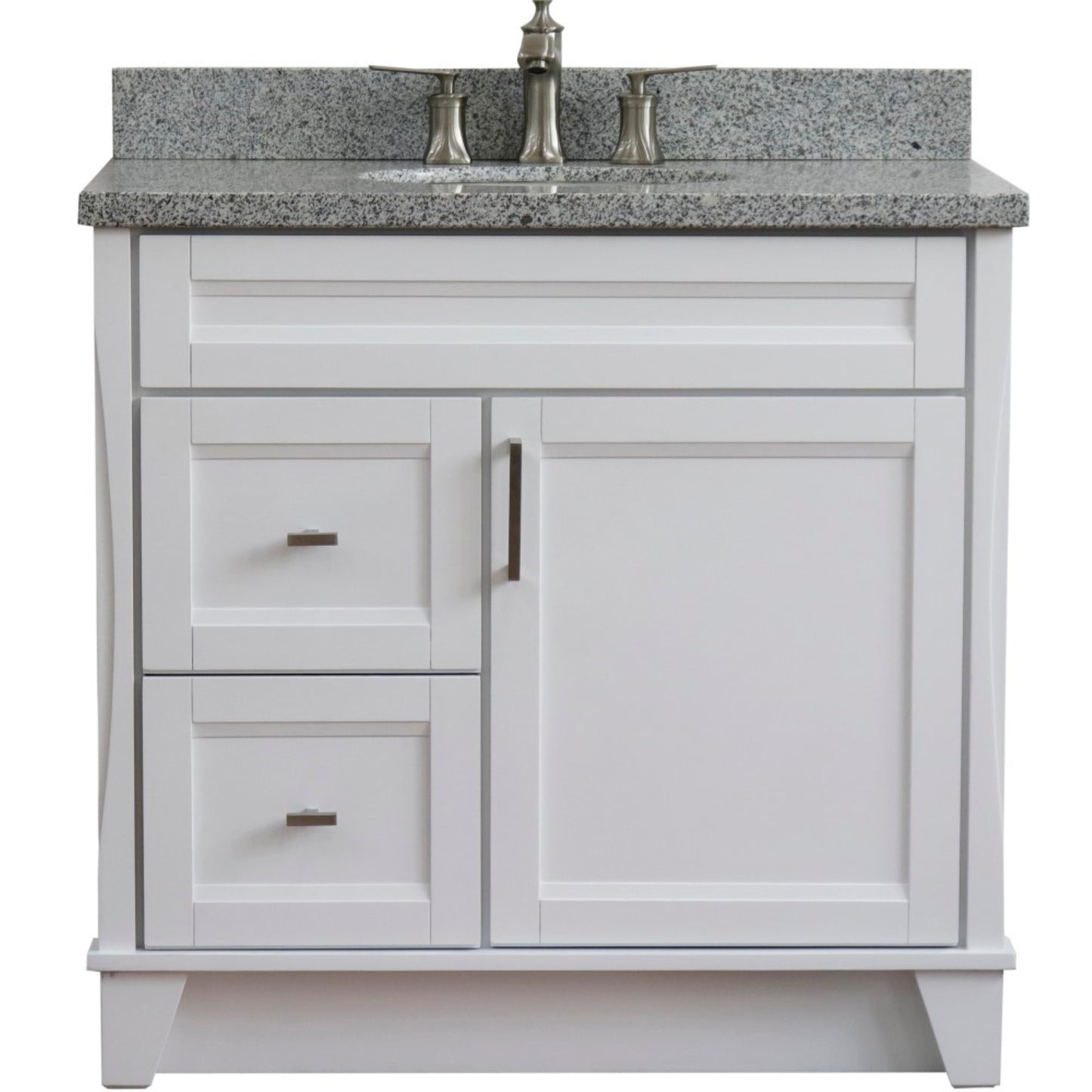 37" Single sink vanity in White finish with Gray granite and CENTER oval sink RIGHT drawers
