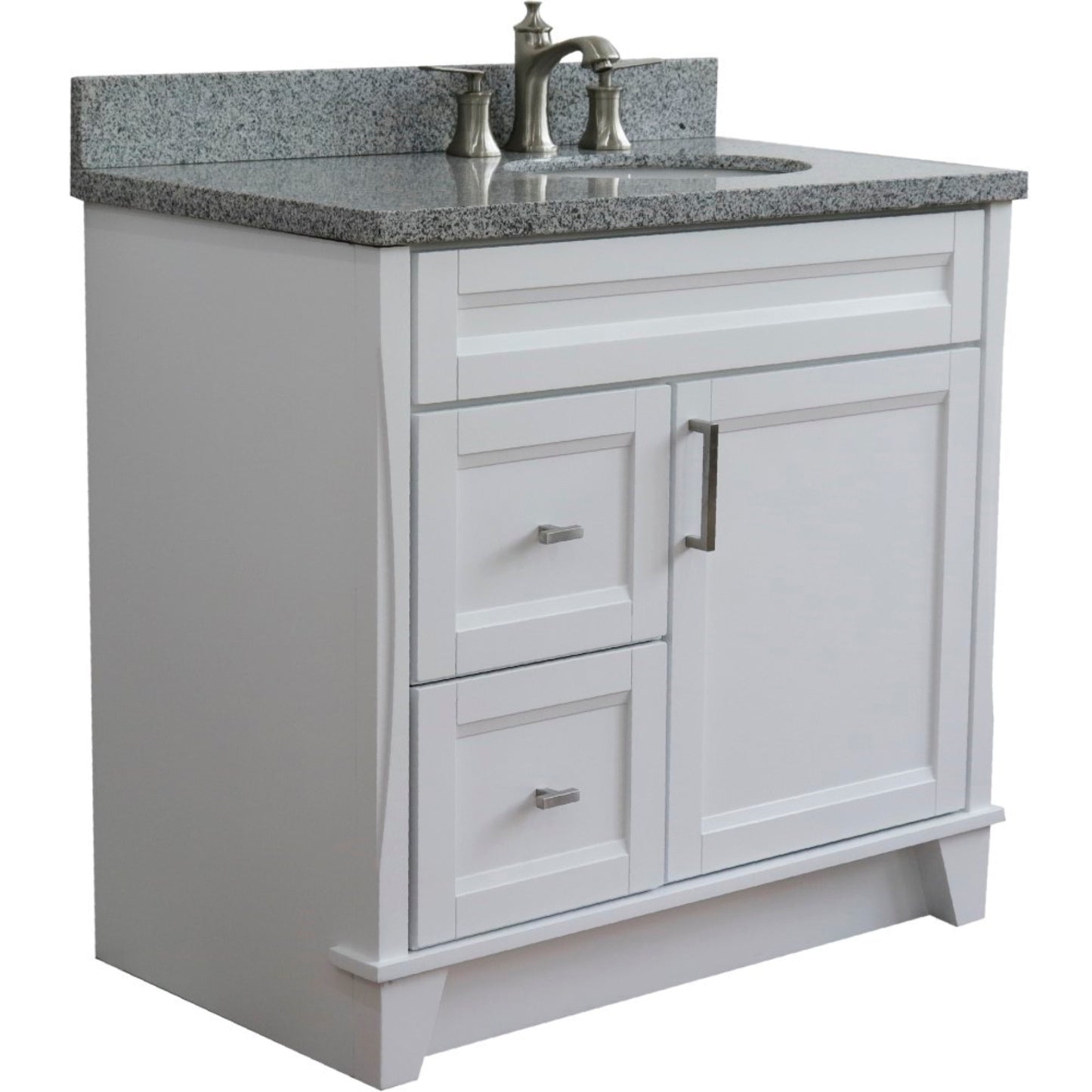 37" Single sink vanity in White finish with Gray granite and LEFT oval sink RIGHT drawers