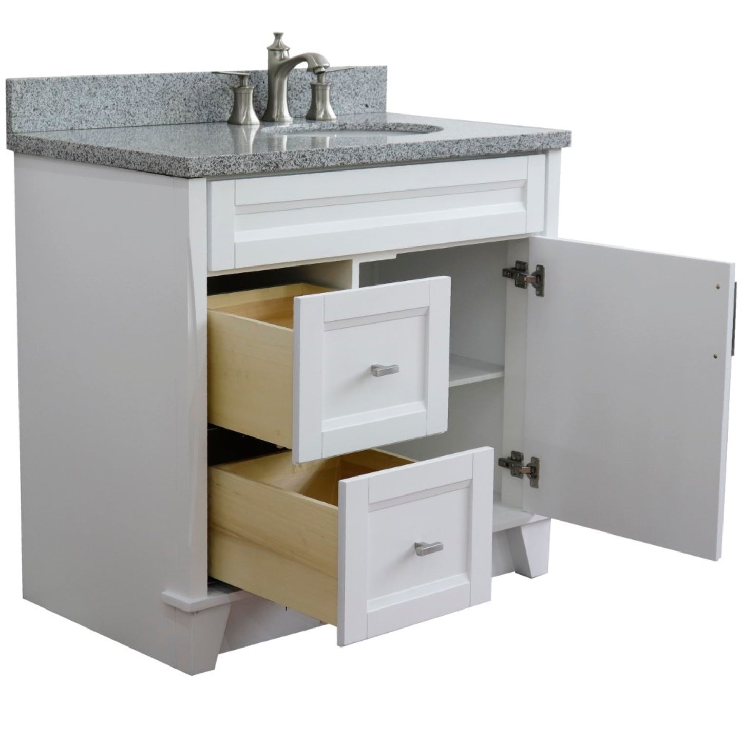 37" Single sink vanity in White finish with Gray granite and LEFT oval sink RIGHT drawers