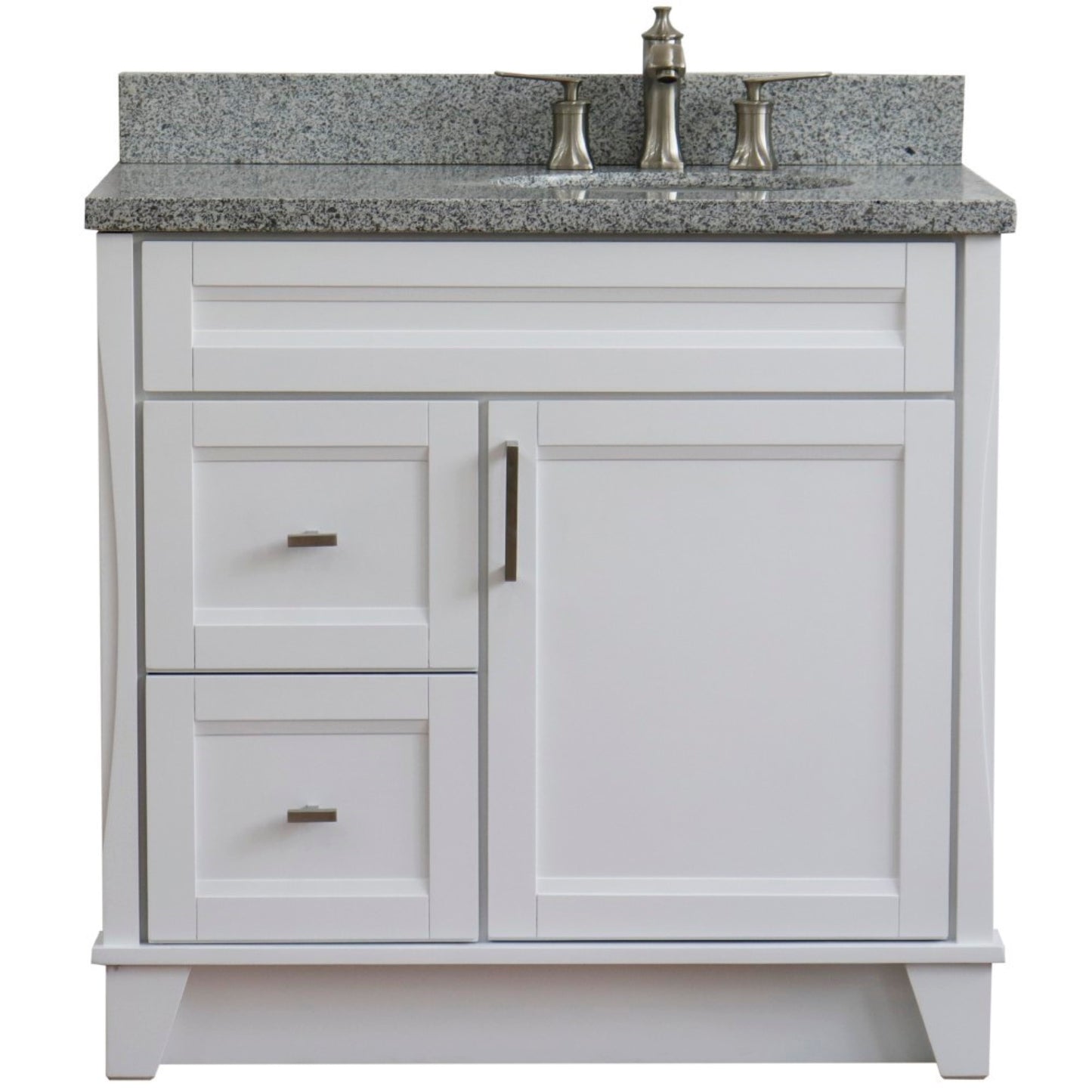 37" Single sink vanity in White finish with Gray granite and LEFT oval sink RIGHT drawers