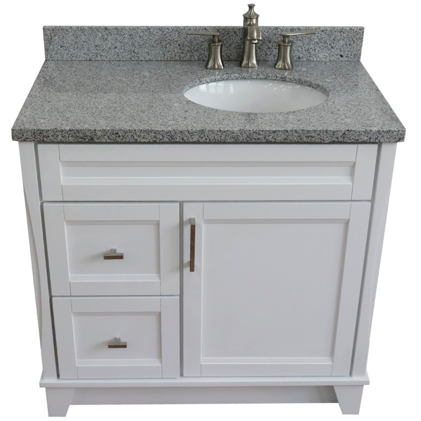 37" Single sink vanity in White finish with Gray granite and LEFT oval sink RIGHT drawers