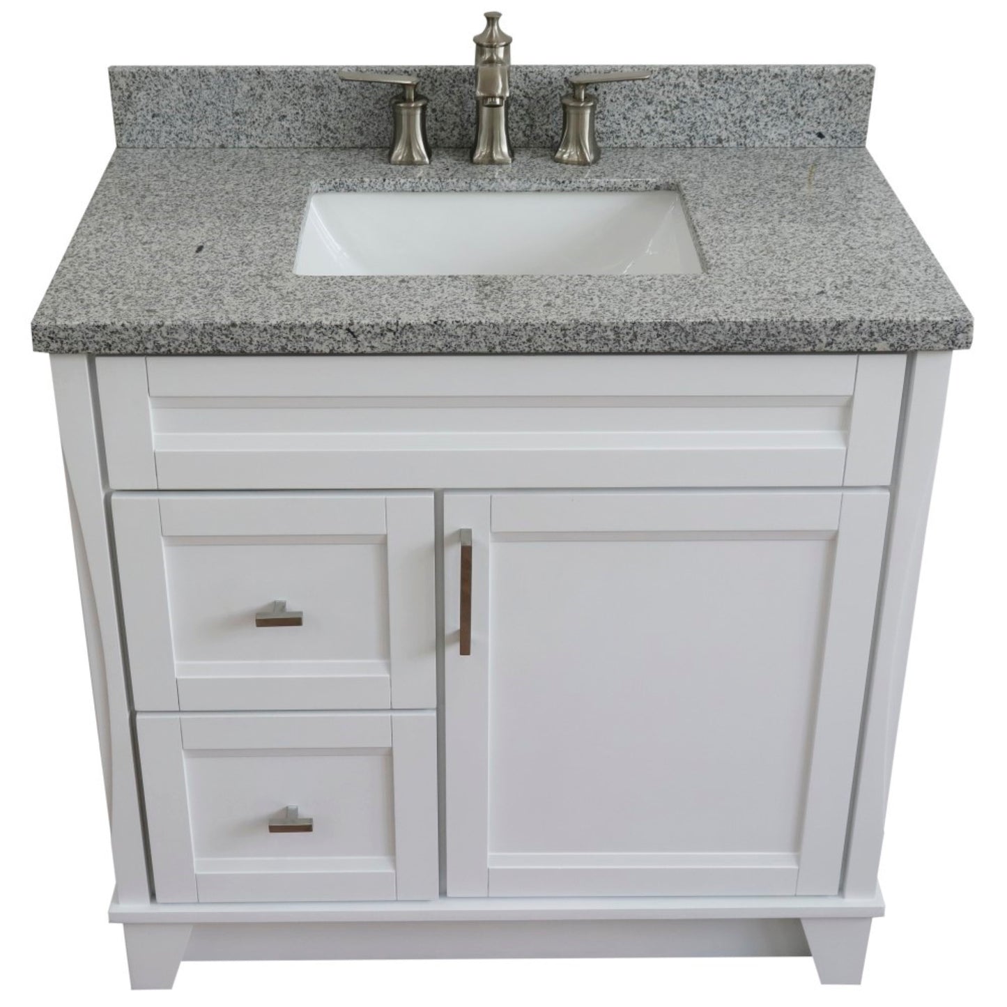 37" Single sink vanity in White finish with Gray granite and CENTER rectangle sink RIGHT drawers