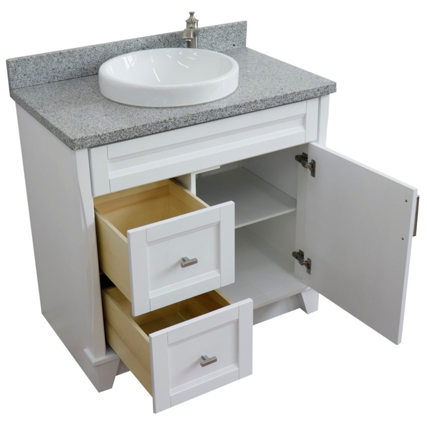 37" Single sink vanity in White finish with Gray granite and CENTER round sink RIGHT drawers