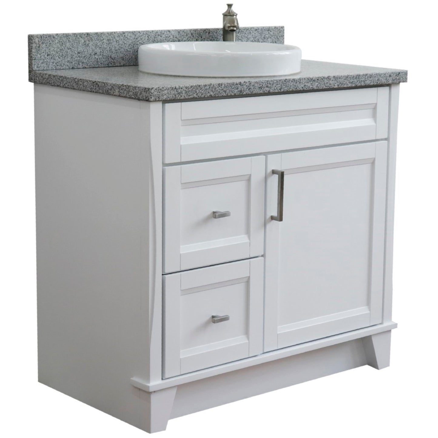 37" Single sink vanity in White finish with Gray granite and CENTER round sink RIGHT drawers
