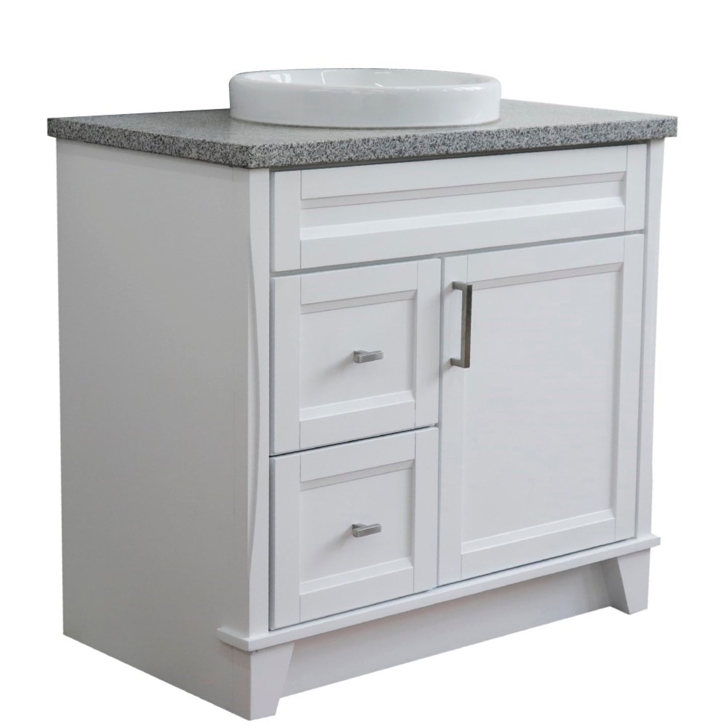37" Single sink vanity in White finish with Gray granite and CENTER round sink RIGHT drawers