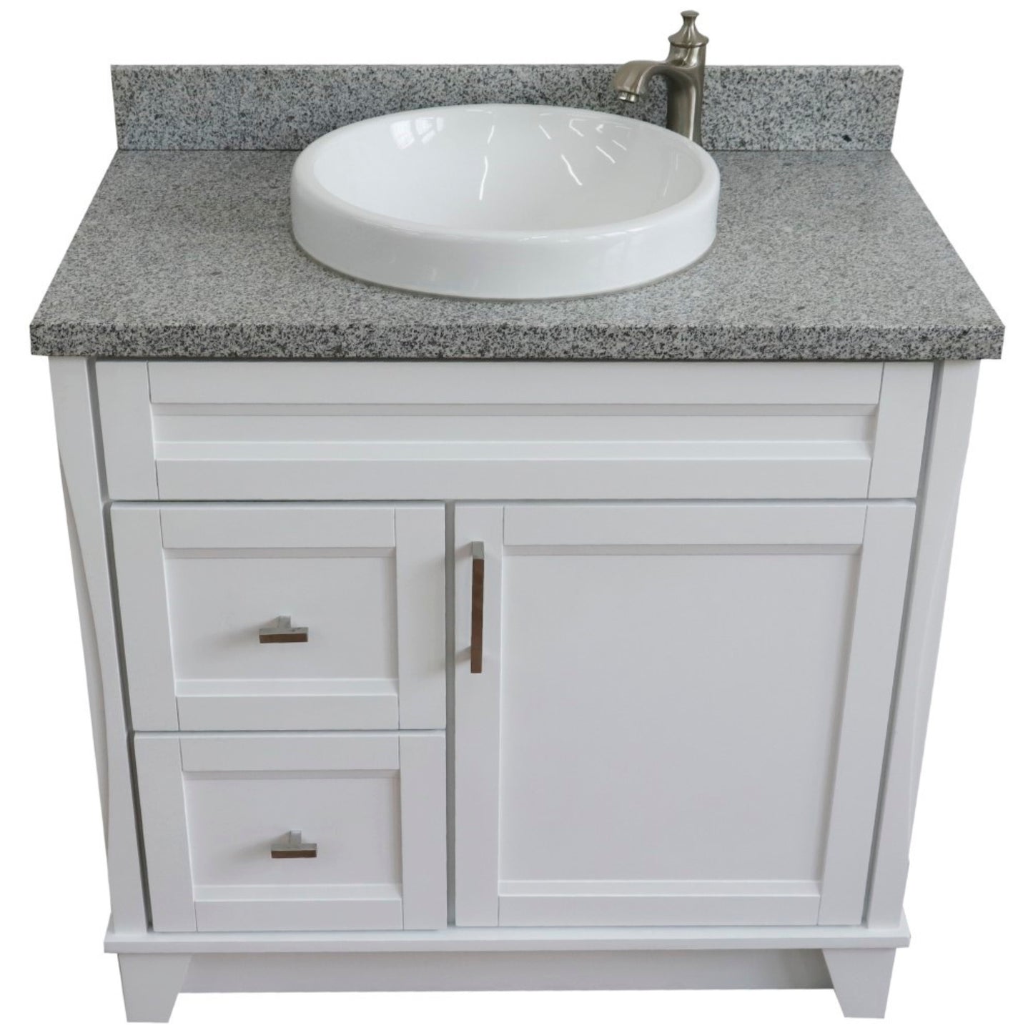 37" Single sink vanity in White finish with Gray granite and CENTER round sink RIGHT drawers
