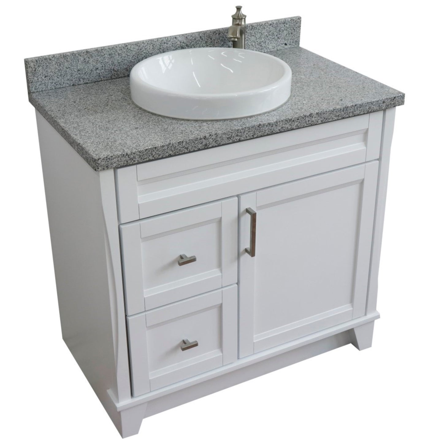 37" Single sink vanity in White finish with Gray granite and CENTER round sink RIGHT drawers