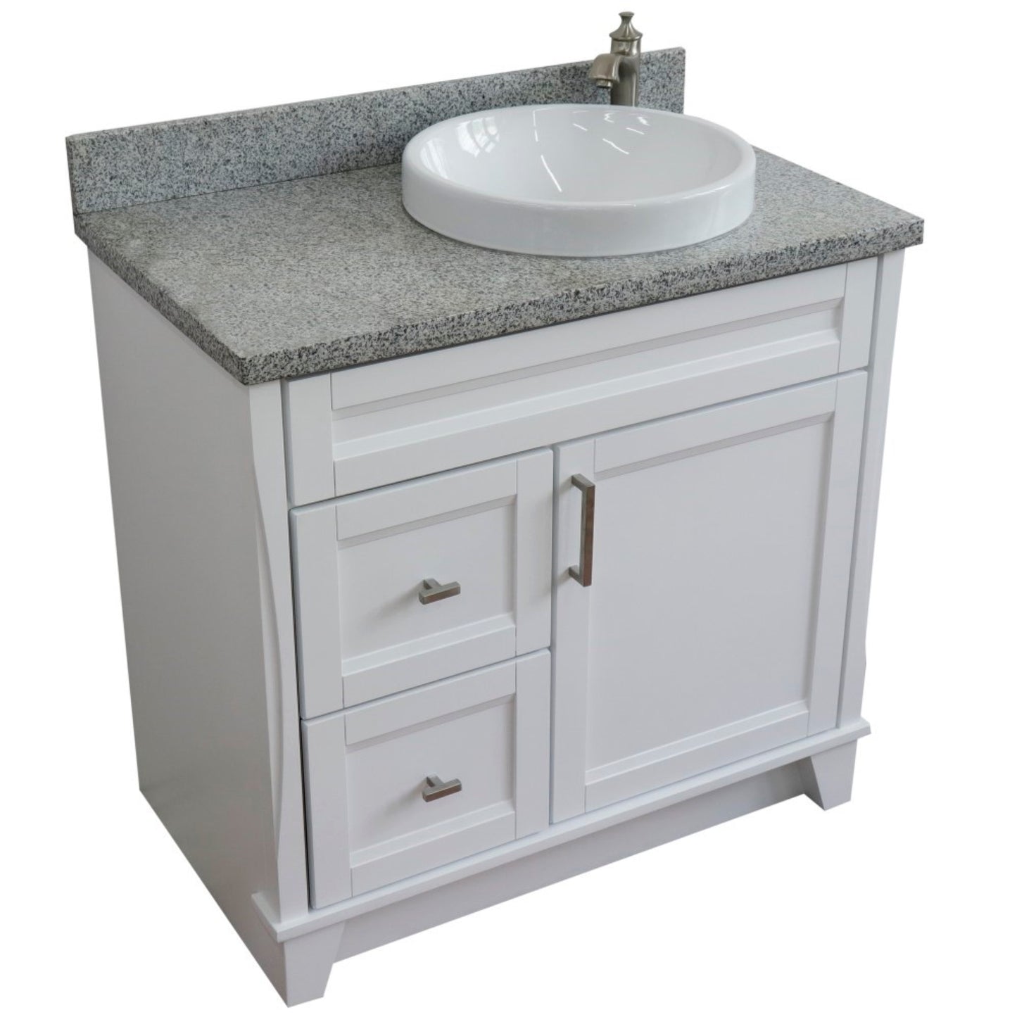 37" Single sink vanity in White finish with Gray granite and LEFT round sink RIGHT drawers