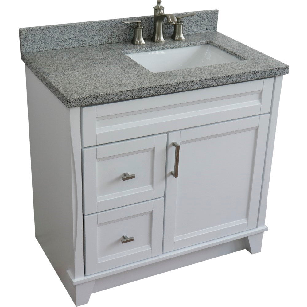 37" Single sink vanity in White finish with Gray granite and LEFT rectangle sink RIGHT drawers