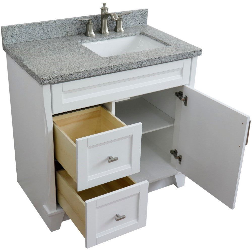 37" Single sink vanity in White finish with Gray granite and LEFT rectangle sink RIGHT drawers