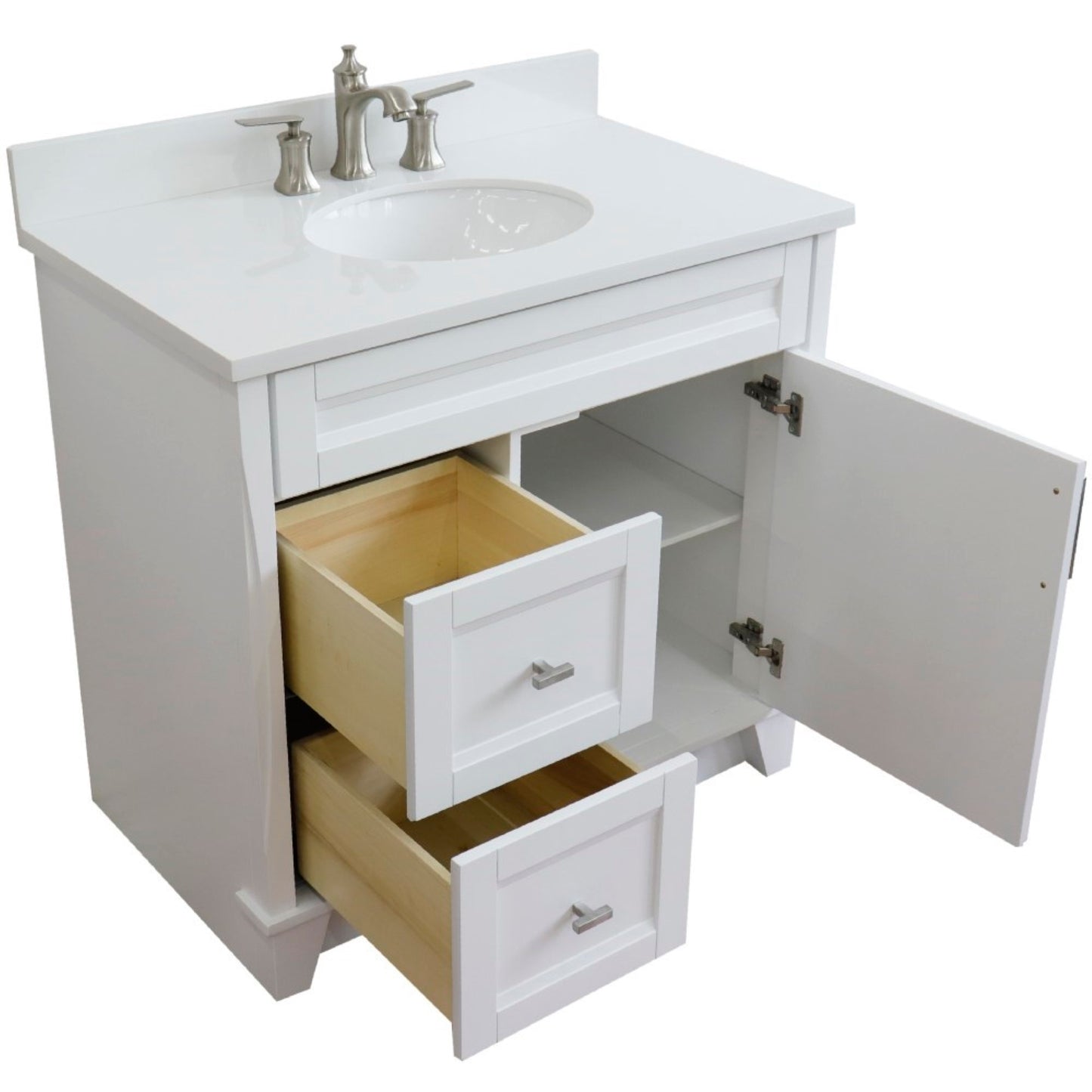 37" Single sink vanity in White finish with White engineered stone and CENTER oval sink RIGHT drawers