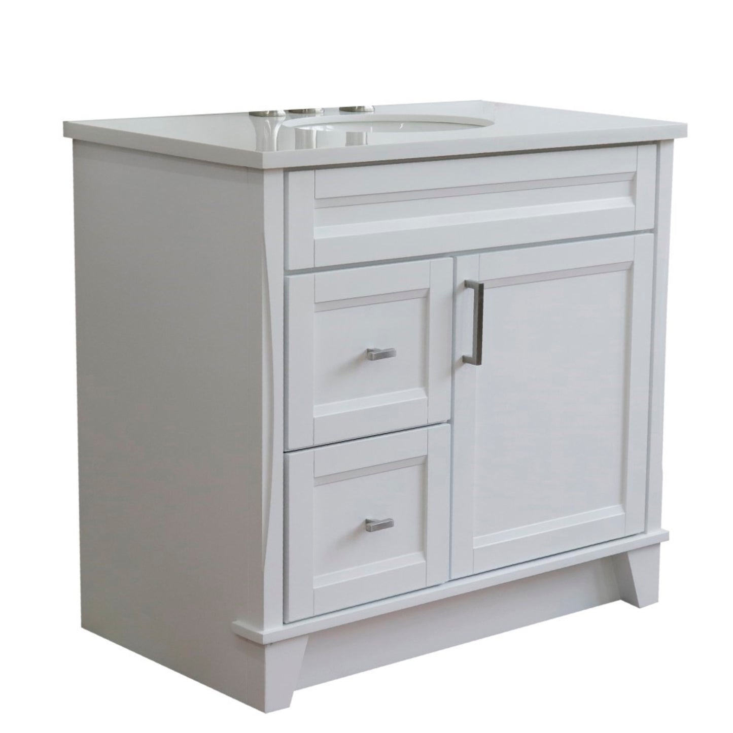 37" Single sink vanity in White finish with White engineered stone and CENTER oval sink RIGHT drawers