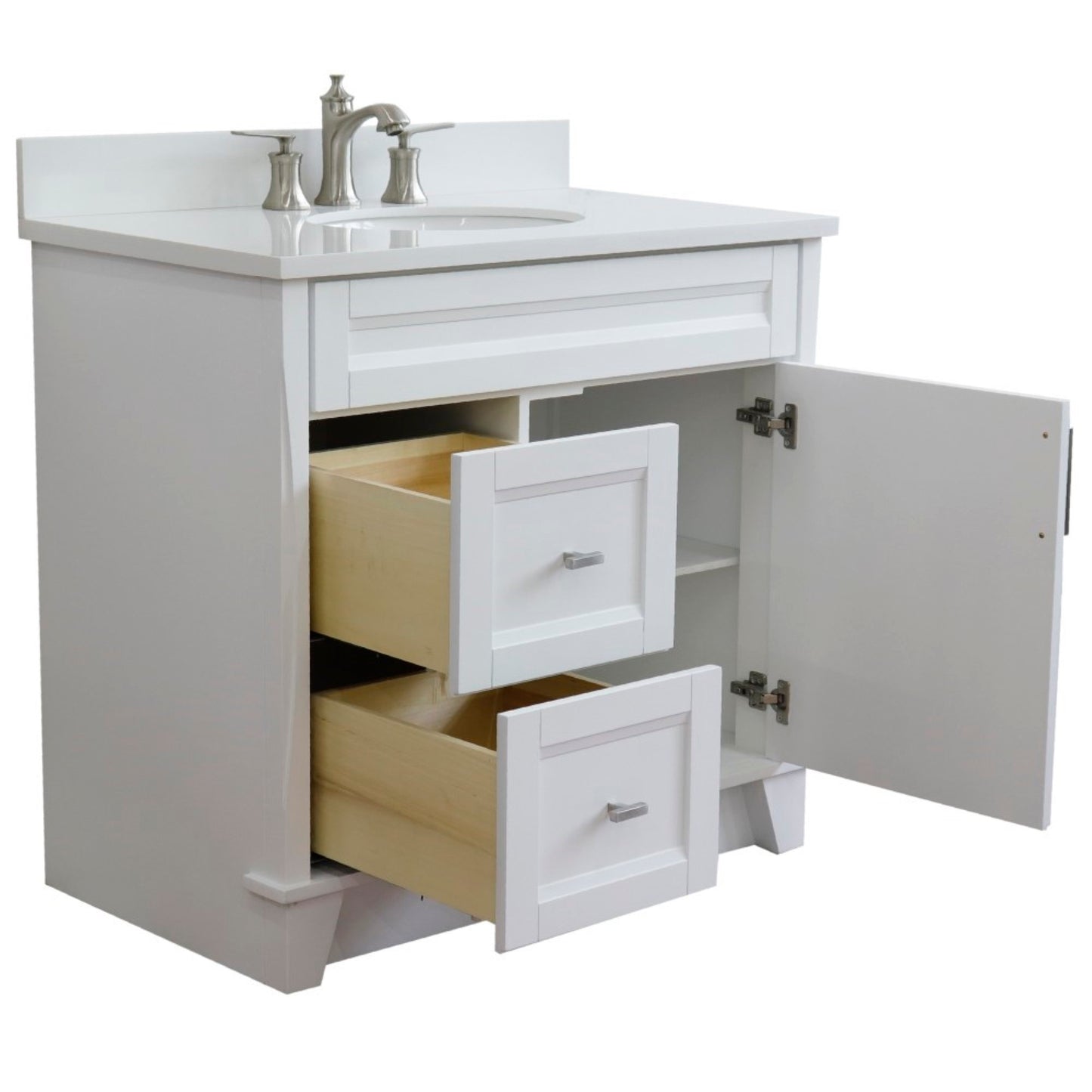 37" Single sink vanity in White finish with White engineered stone and CENTER oval sink RIGHT drawers